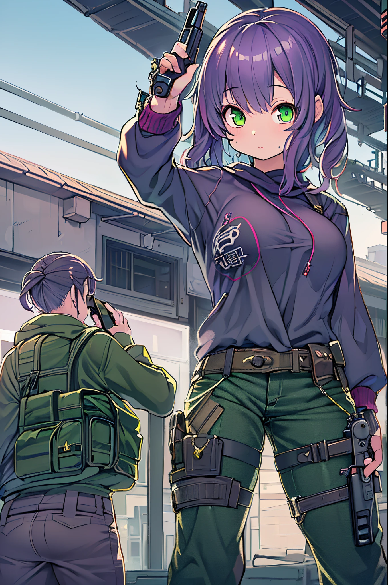 ((masutepiece)), ((Best Quality)), ((hight resolution)), 1girl in, Solo, bobby, (Matching pants, slacks), urban backdrop, (Pistol holding and aiming, Detailed pistol, Glock 22, trigger discipline), Standing, Medium Hair, (Purple hair, Twin-tailed), (Green eyes),