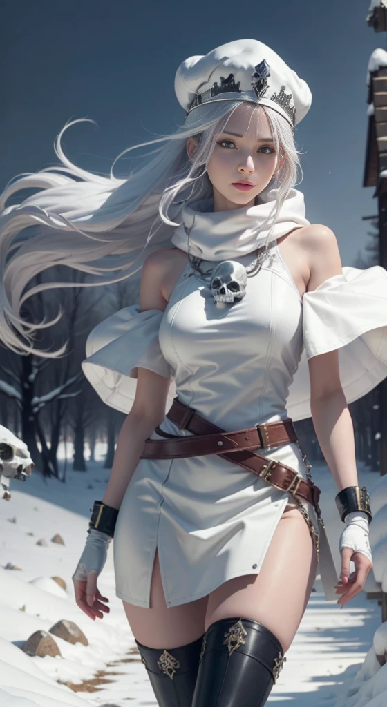 full body Esbian, of the highest quality, Intricate details , (Fine skin, Shiny skin, Shiny hair, pale complexion,Big breasts), Red sky, Continuous snow, In the snowy forest, ((Skull Mark)), ambitious, Seductive Woman, Gray hair, Long hair, Hair fluttering in the wind, Skull mask on half of the face, Detailed tattoos, white leather clothes, White sleeveless clothes, White leather coat, Leather gloves, Solid Gold Bracelet, leather skirt white skirt, , Hat with skull marker, (Leather Belt), Look far away