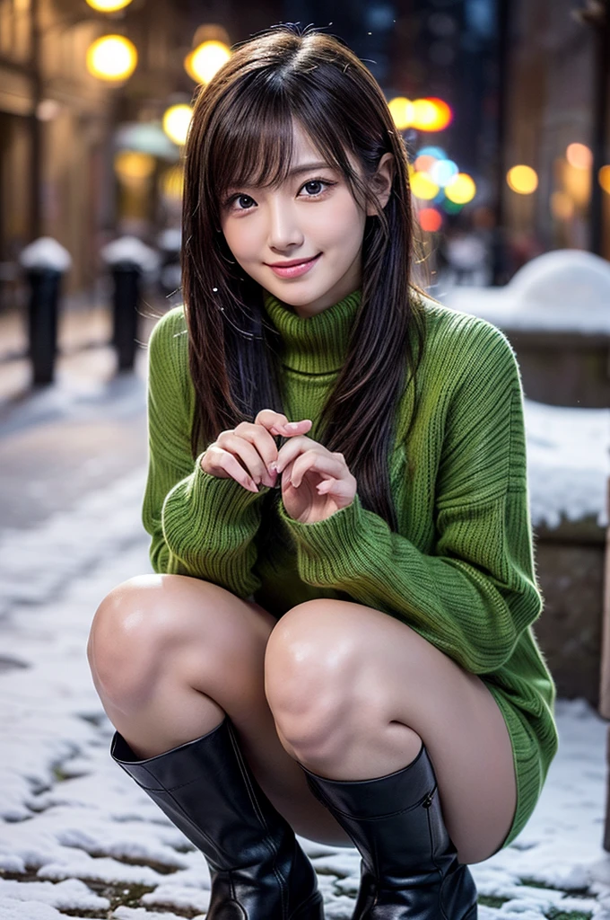 (masutepiece:1.3, Photorealsitic:1.4, 8K), top-quality, masterpiece, 超A high resolution, Perfect dynamic composition, Highly detailed skin and facial texture:1.3, A detailed eye, Detailed limbs, It's snowing:1.2, Snowy landscape at night:1.2, 1girl in, Cute sexy 22 year old slim woman, Fair skin, tilt the neck, ((voluptuous breasts:0.9), ((A smile:0.9, Totally captivates you:1.1)), ((wear a down coat:1.0)), (Wearing a yellow-green long-sleeved turtleneck sweater:1.1, a miniskirt), Short boots, (Facing the front, Squat with your knees bent), (Beautiful blue eyes, Eyes that feel beautiful eros:0.85), Sexy face:0.4, (A mouthfeel that feels beautiful eros:0.85), ((Too erotic:0.9))
