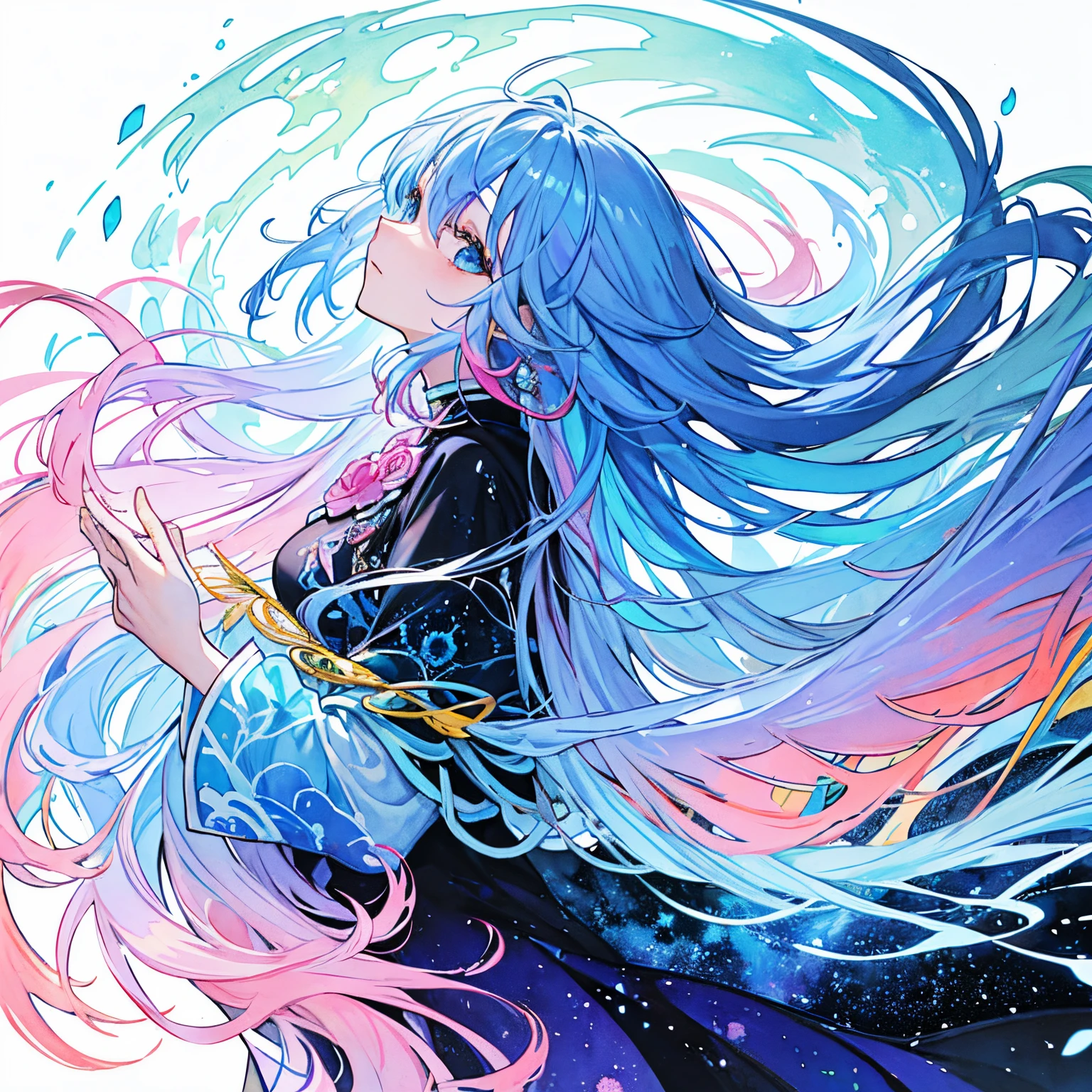 (masterpiece、top-quality、top-quality、watercolor paiting(afro), Official art、Beautifully Aesthetic:1.2)、(1girl in:1.3)、(Fractal Art:1.3)、The upper part of the body、From Side、looking at the viewers、patterns、(blue hairs、colourful hair、Half blue and half pink hair:1.2)、Eau、liquids、云、colourfull、starrysky、stele、Splashes of bright colors