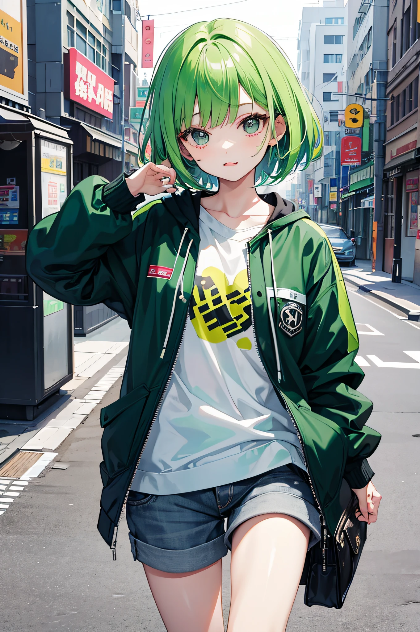 licking a candy、Green hair shortcut、Gamine、put one hand in your jacket pocket、Wearing a jacket、hotpants、The background is a park、Focus on girls、top-quality、