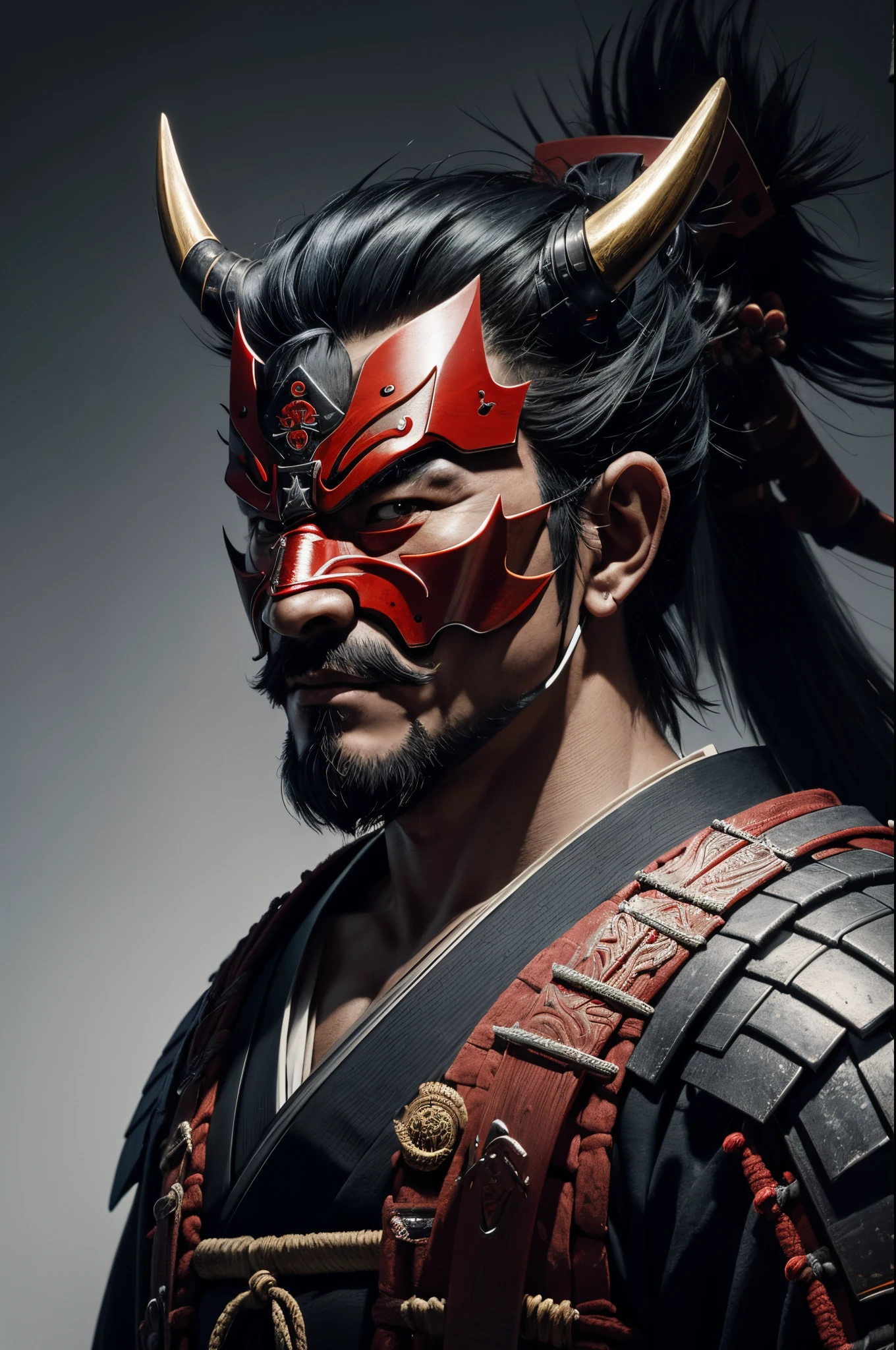 There is a red and black statue of a horned demon, villain wearing a red oni mask, arte detalhada onmyoji, eles chifres, Demon Samurai, oni mask, demon samurai mask, demon samurai warrior, pintura detalhada 4K, intrincado estilo cgi anime ornamentado, Arte altamente detalhada em 4K, Retrato de Onmyoji, inspired by Shunkōsai Hokushū