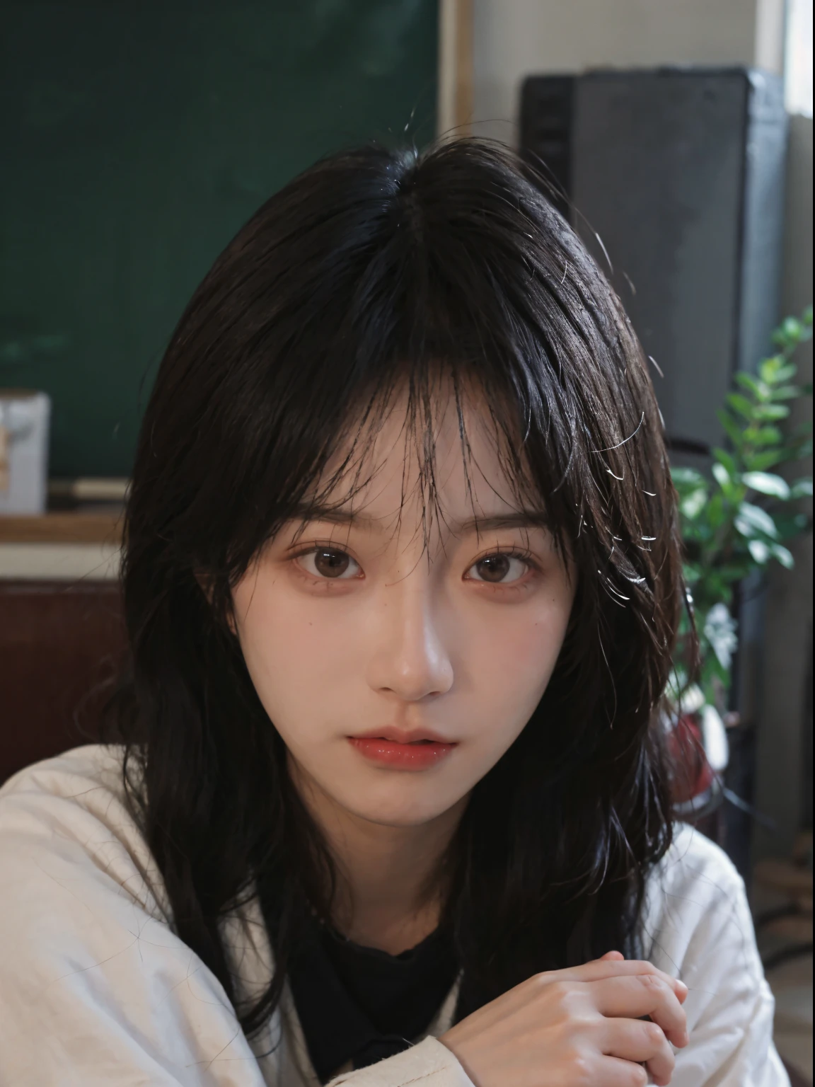 Best quality at best, 超高分辨率, A woman with long black hair and a gray sweater, The middle view is, JK school uniform,under a ray of sunshine,She has black hair,through bangs, young lovely Korean faces, Cute Korean face, Urzans, Shin Jinying, beautiful aesthetic face, Korean facial features, Played by Liu Li Zhien ,beautiful realistic face