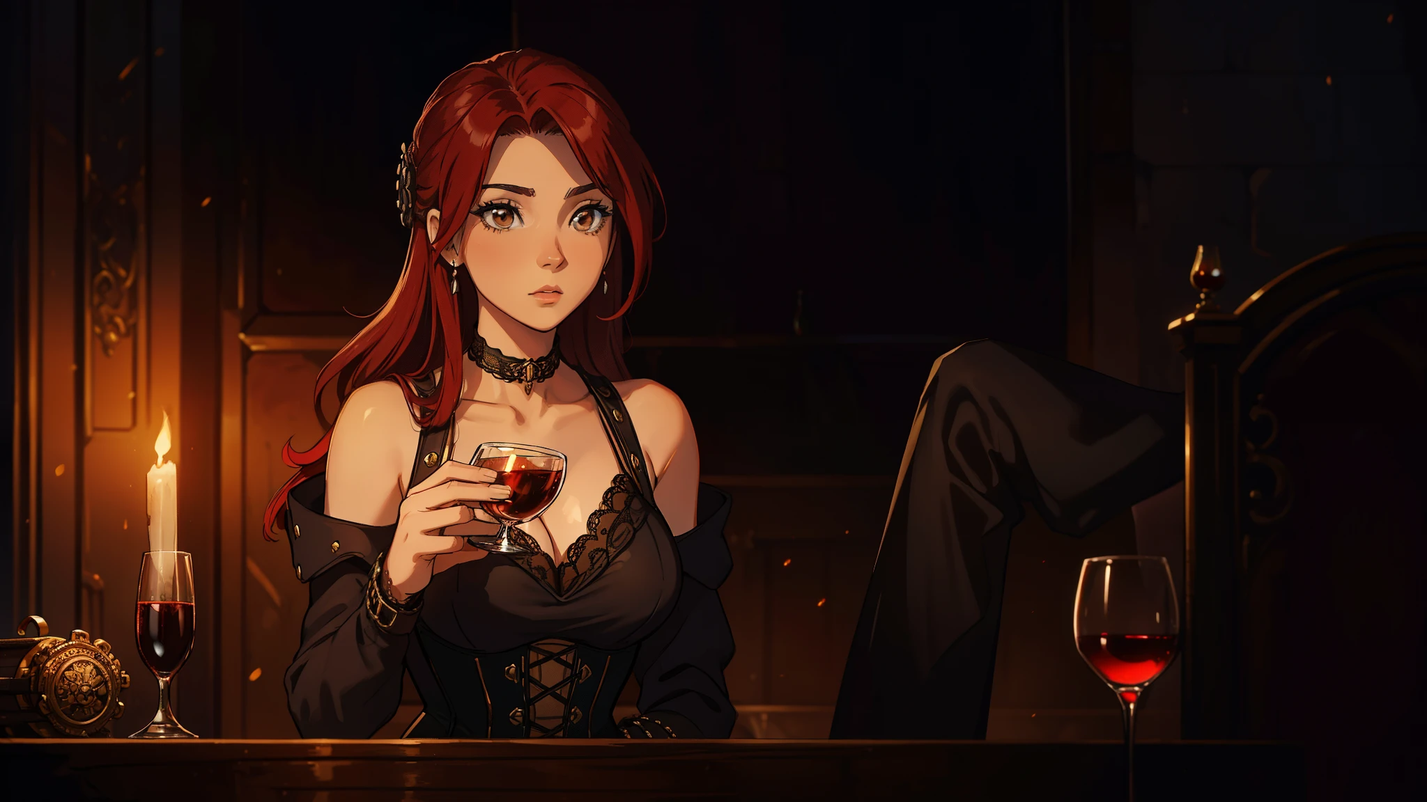 Erza Scarlet is one of the main characters in the series. The young woman with scarlet hair and brown eyes is described as an amazing woman, very strict and who does not admit when others make mistakes. She's a slender, Figura elegante com curvas bem desenhadas. Her most common attire consists of a corset with custom-made laces, a pair of black pants, Botas pretas e brincos em forma de diamante, in high resolution, circunstanciado ((melhor qualidade)) ((sentada em uma cadeira)) ((Steampunk)) ((VINHO)) She is drinking a glass of WINE.