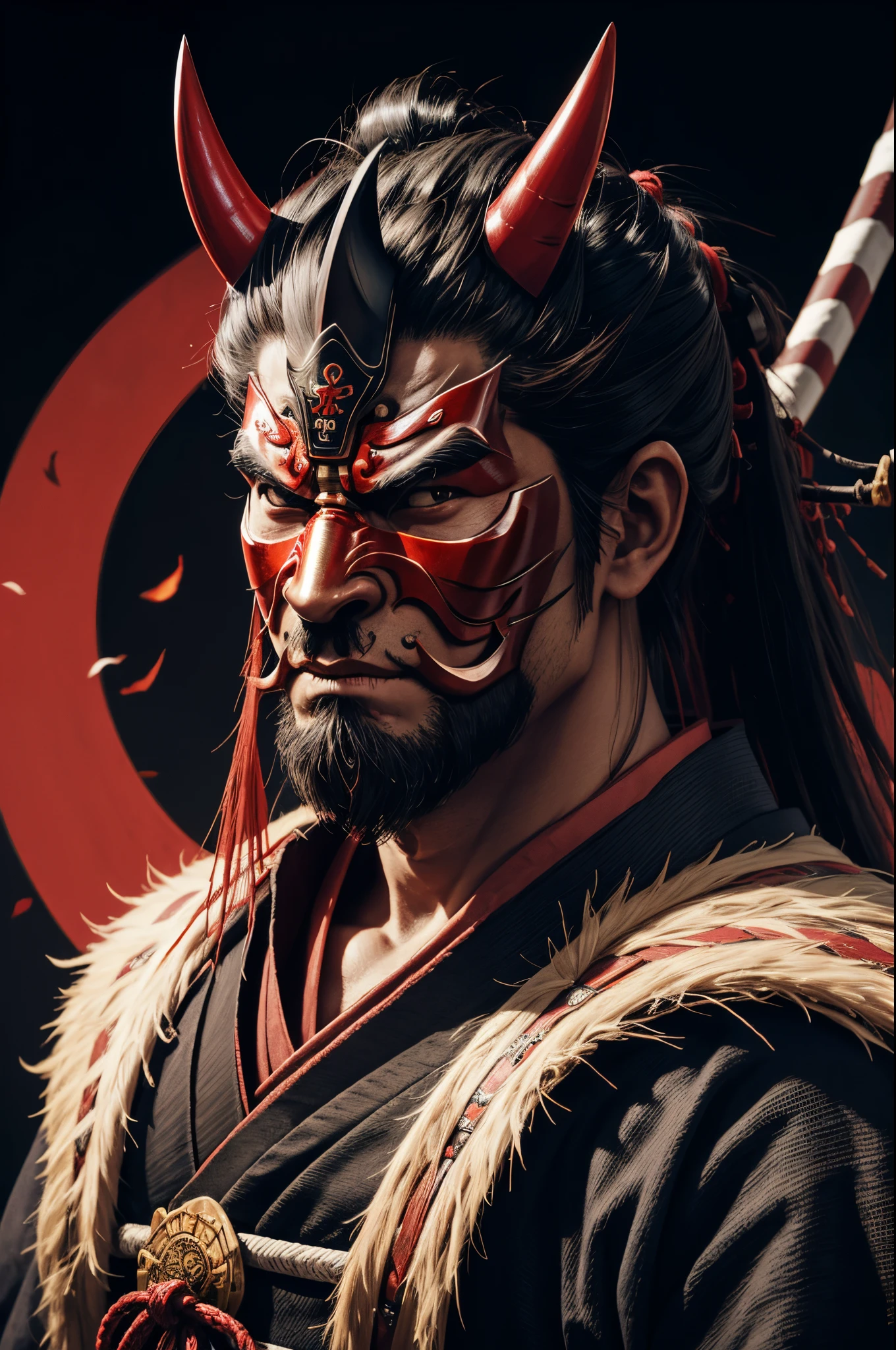 There&#39;s a man with a red mask and a metal rod., villain wearing a red oni mask, samurai with demon mask, demon samurai mask, demon samurai warrior, Demon Samurai, Samurai Mask, muscular macho body,portrait onmyoji, oni mask, samurai portrait, Samurai portrait photography, feudal japan art, Onmyoji, handsome japanese demon boy, oni horns, moon bull samurai