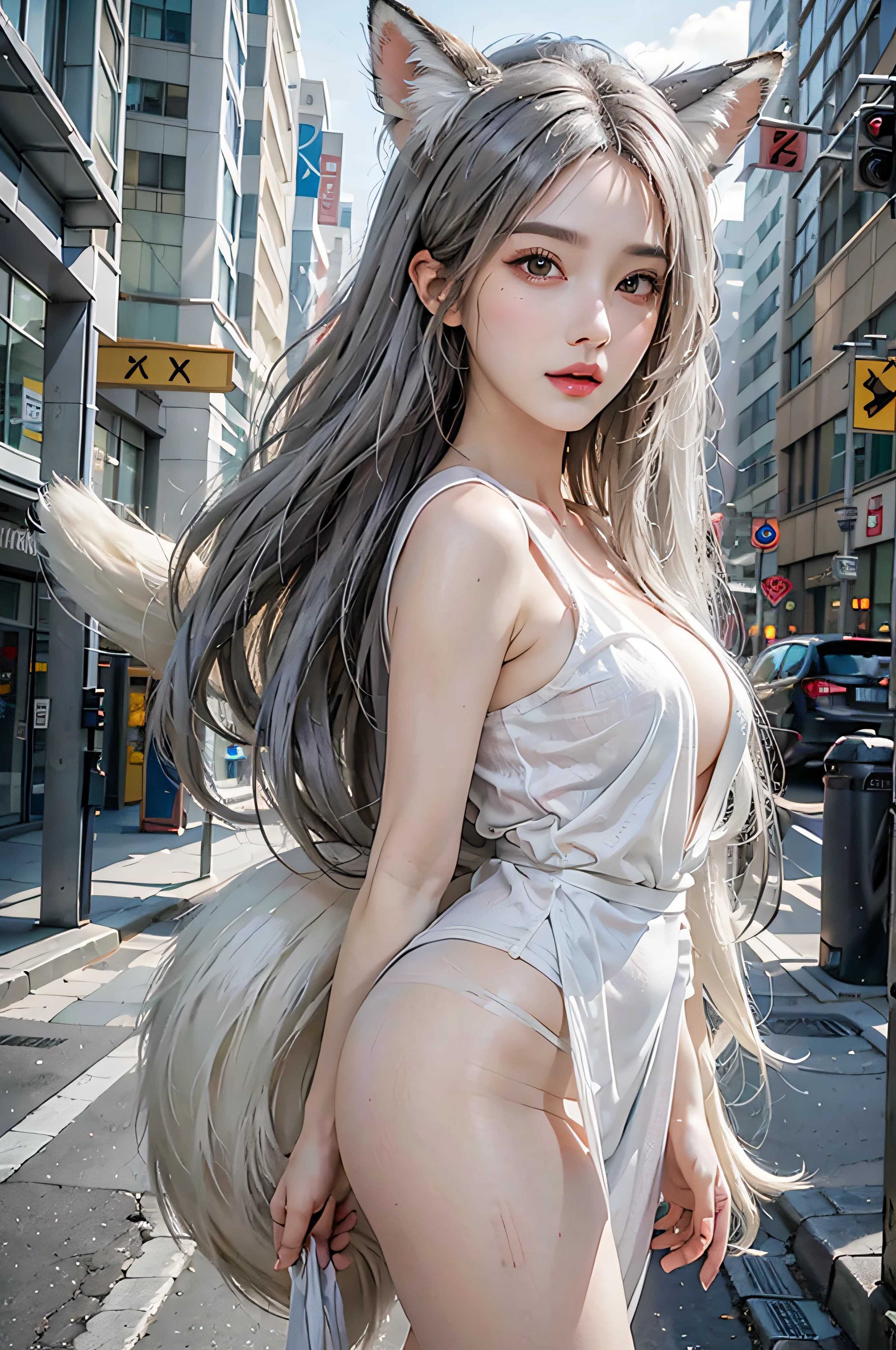 ulzzang-6500, (8k, RAW photo:1.2), ((puffy eyes)), best quality, ultra high res, (photorealistic:1.3), POV ,(solo:1.1), (1girl:1.1),(sliver cosplay fox ear:1.3), (sliver cosplay fox tail:1.3), (naked:1.3), big boobs, (small nipple:0.8), (noble:1.3), (pale skin:1.2),(parted lips:1.1), (eyelashes:1.1), (happy:1.21), (depth of field:1.1), rendering, cover toe heels, girl standing in street