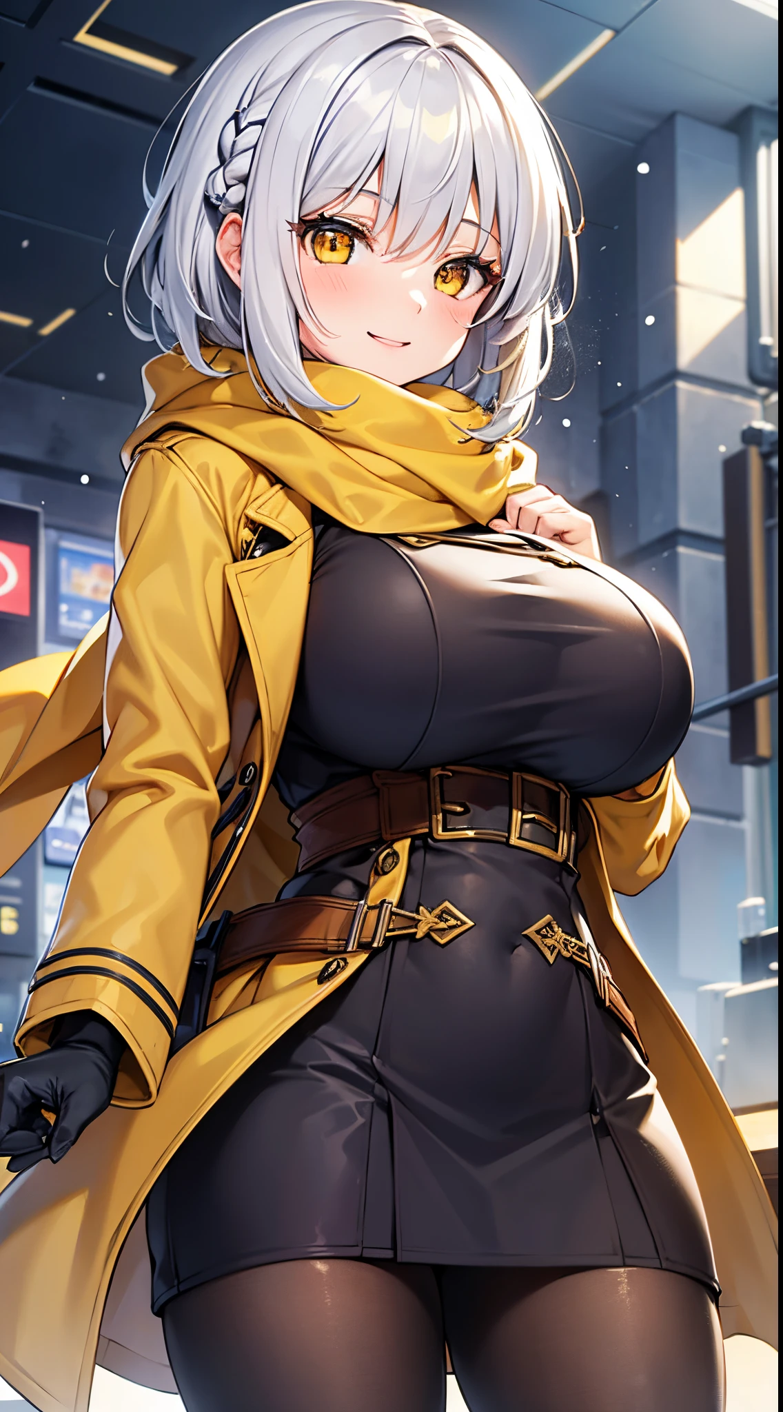 1 girl, game, yellow winter coat, winter scarf, gigantic breasts, silver hair, short hair, french braid, yellow eyes, smile,dynamic,