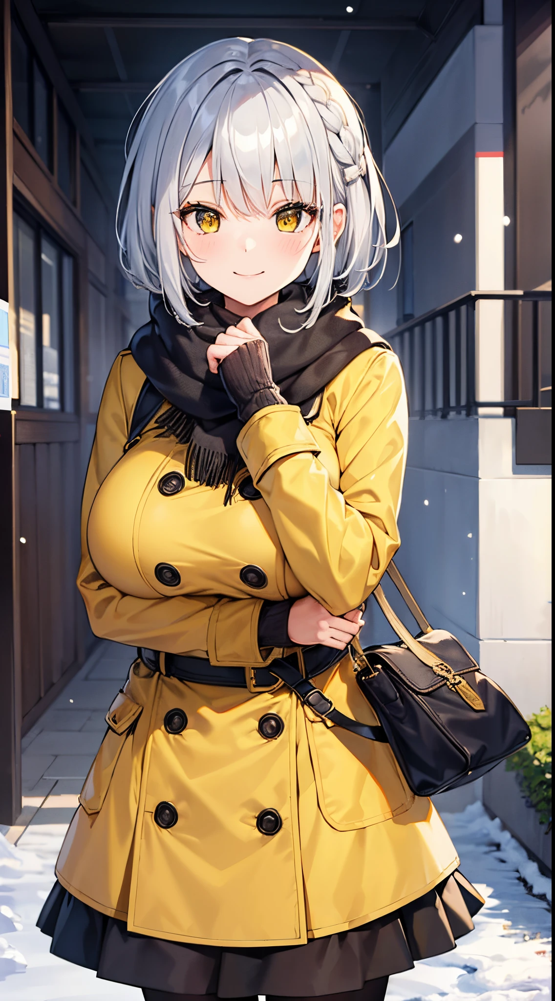 1 girl, game, yellow winter coat, winter scarf, gigantic breasts, silver hair, short hair, french braid, yellow eyes, smile,dynamic,