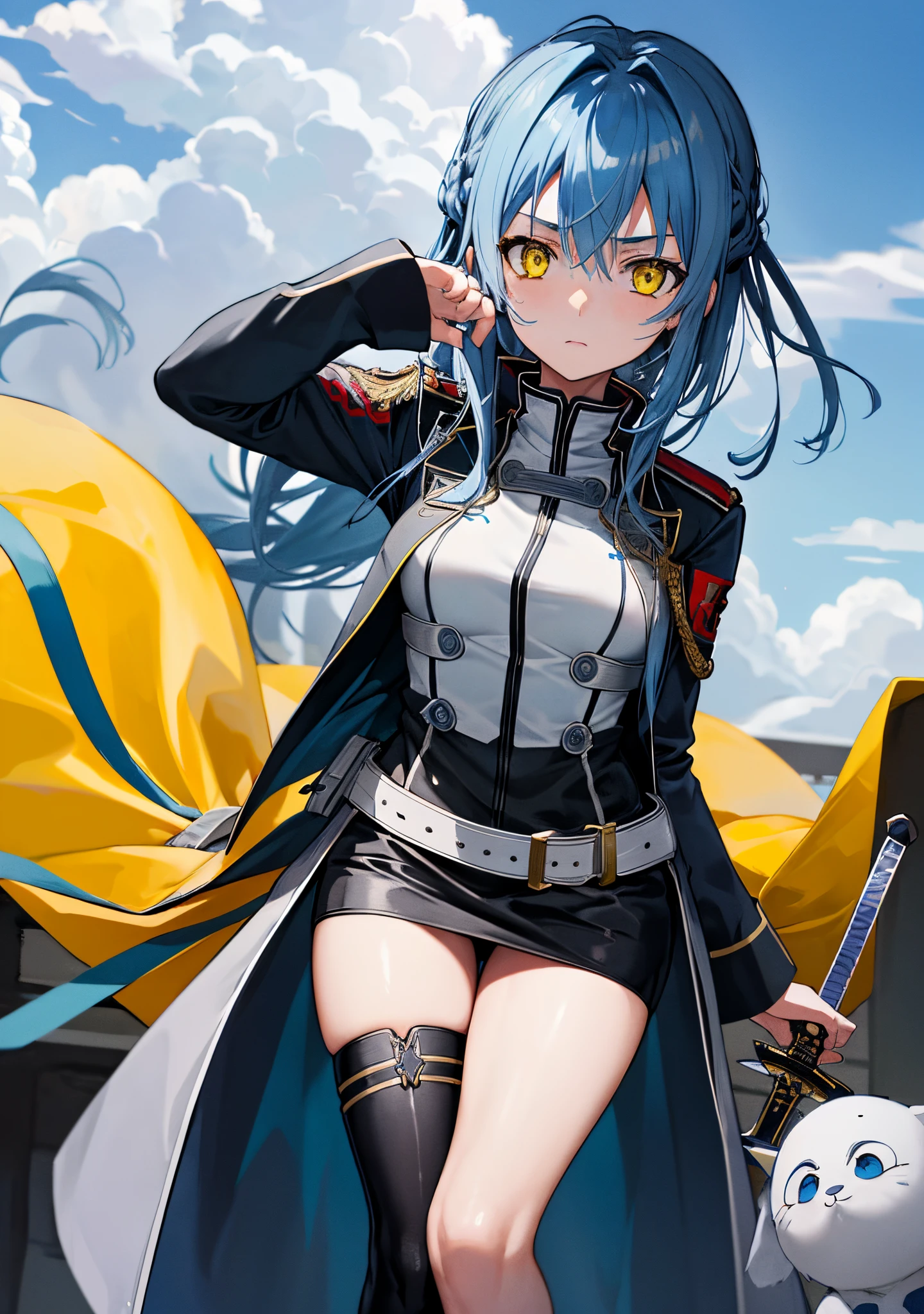 (beste-Qualit, tmasterpiece), 1girl, 独奏, in full height, 4k, 18 years, Синон Асада из Sword Art online, in military uniform, with blue hair and yellow eyes