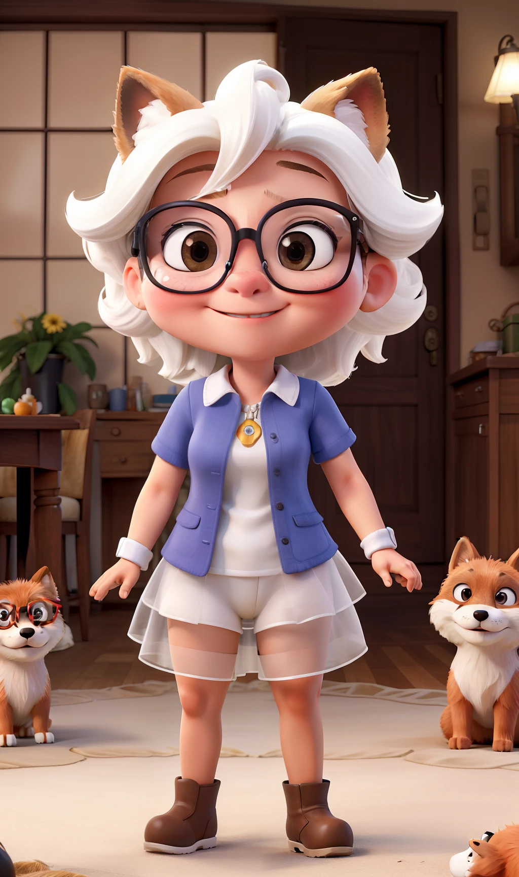 Obra-prima, de melhor qualidade, a woman wearing transparent rectangular glasses, com cabelos compridos ondulados e luzes loiras, sorriso grande e largo, with two German spitz type dogs, a white on the left side and a cream with a mole on the forehead, a soft fox on the right side, na sala de casa