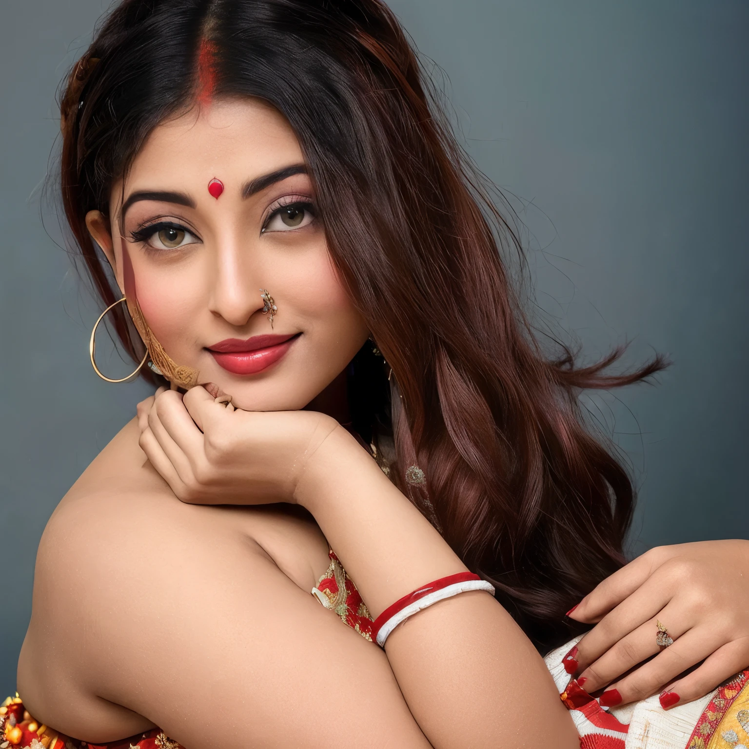 a close up of a woman with a red nose ring and a red nose ring, traditional beauty, assamese, by Bikash Bhattacharjee, wearing bihu dress mekhela sador, assamese aesthetic, actress, very attractive and beautiful, photoshoot, inspired by Bikash Bhattacharjee, inspired by Sudip Roy, very beautiful girl