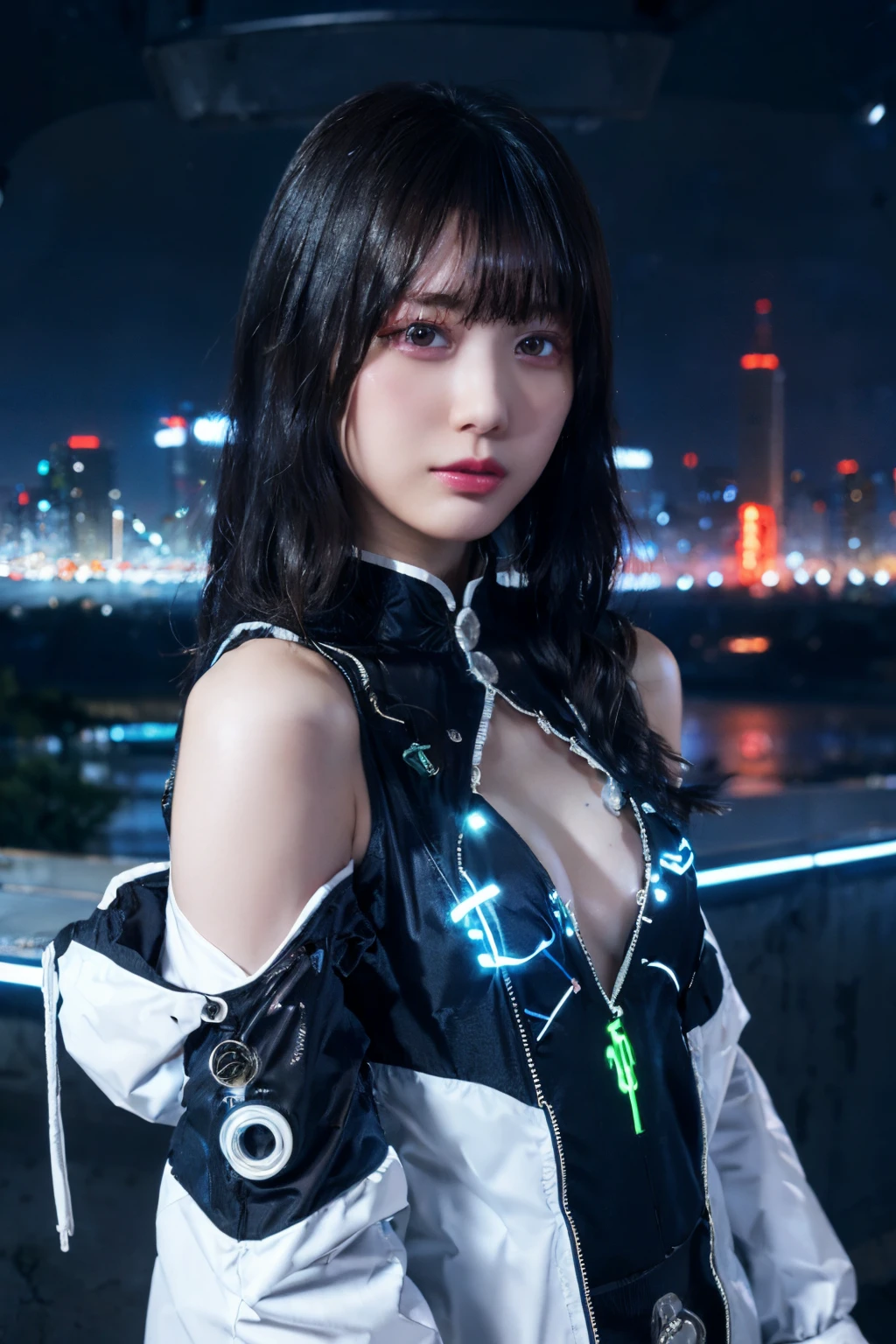 (masterpiece), top-quality, 超A high resolution,teens girl, Cyberpunk Neon City, City of the Future, parka, ((greyt hair)), Neon Color Shooting Star, Very long hair, off shoulders, neon color, The Flash, stunning night sky, 电影灯光, Photorealsitic, real looking skin, nffsw,fish-eye lens, (((Futuristic clothes with glowing parts)))