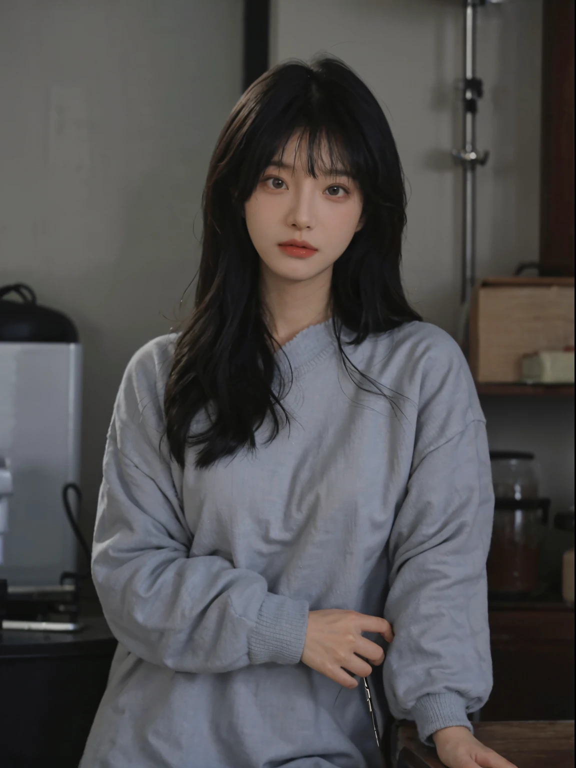 Best quality at best, 超高分辨率, (realistically:1.4), A woman with long black hair and a gray sweater, The middle view is, JK school uniform,under a ray of sunshine,She has black hair,through bangs, young lovely Korean faces, Cute Korean face, Urzans, Shin Jinying, beautiful aesthetic face, Korean facial features, Played by Liu Li Zhien ,beautiful realistic face