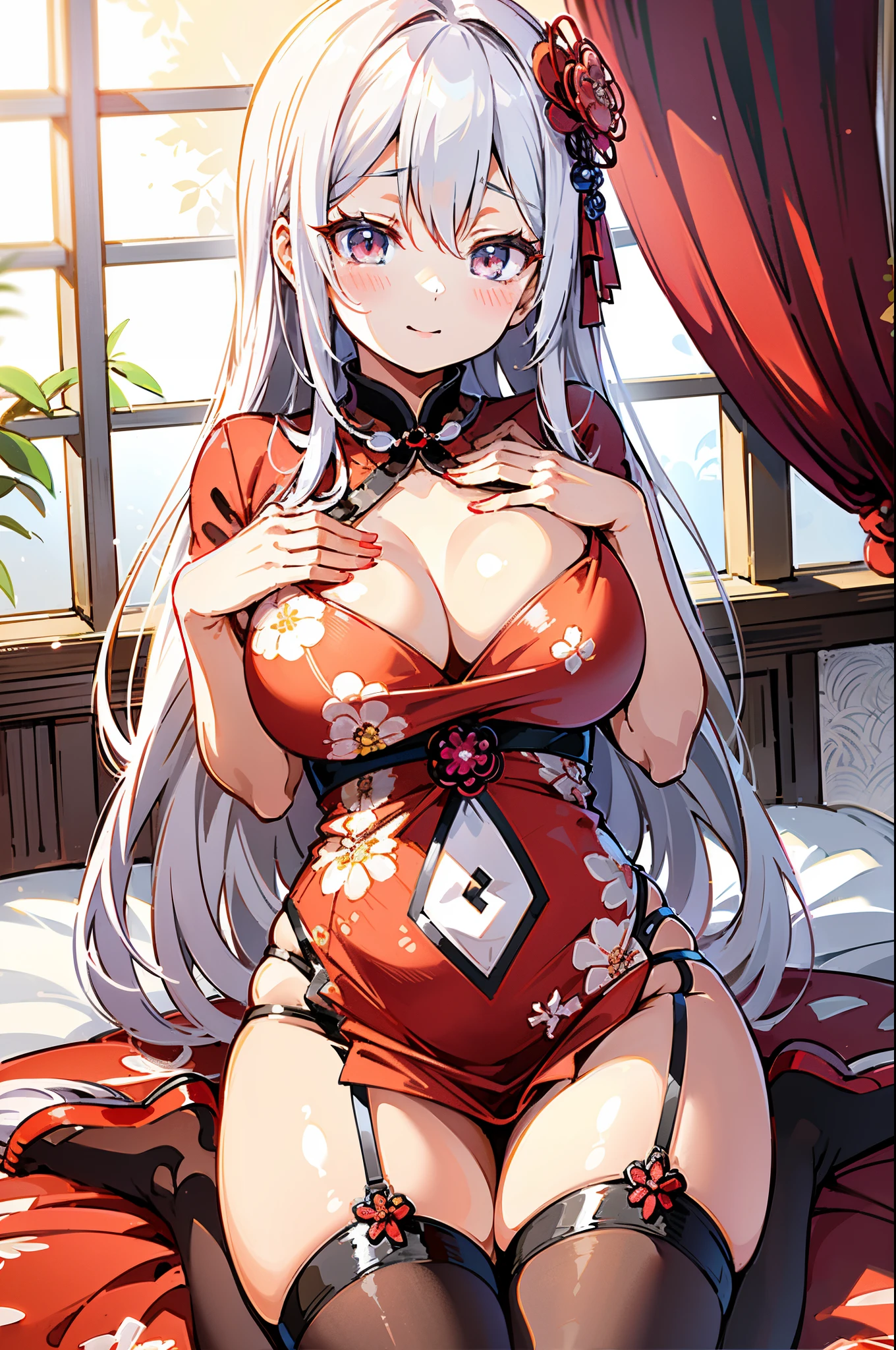 anime - style image of a woman in a red dress sitting on a bed, white haired god, small curvy loli, Seductive Anime Girl, anime goddess, goddess of Japan, loli in dress, Onmyoji, beautiful alluring anime woman, perfect gray hair girl, at pixiv, white  hair, Cute anime waifu in a nice dress, azur lane style