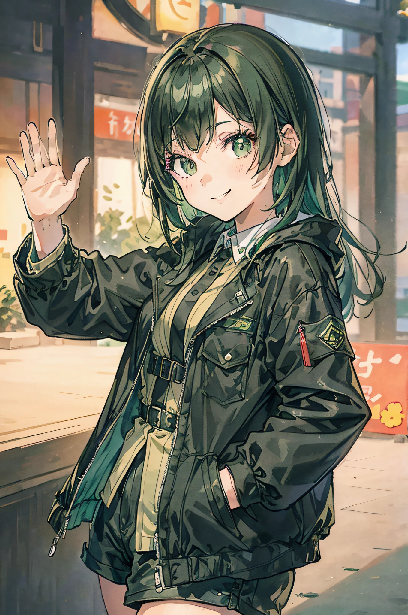 Waving hands、a smile、Green hair shortcut、Gamine、put one hand in your jacket pocket、Wearing a black jacket、hotpants、The background is a park、Focus on girls、top-quality、