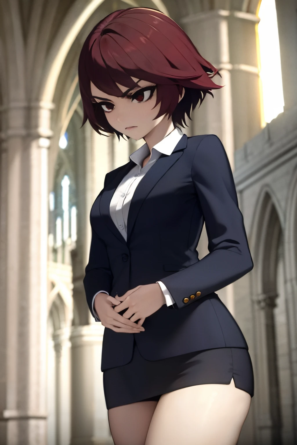 Young woman, short hair, red eyes, wearing suit, pale skin, 4k, in a cathedral, masterpiece, serious face, HD