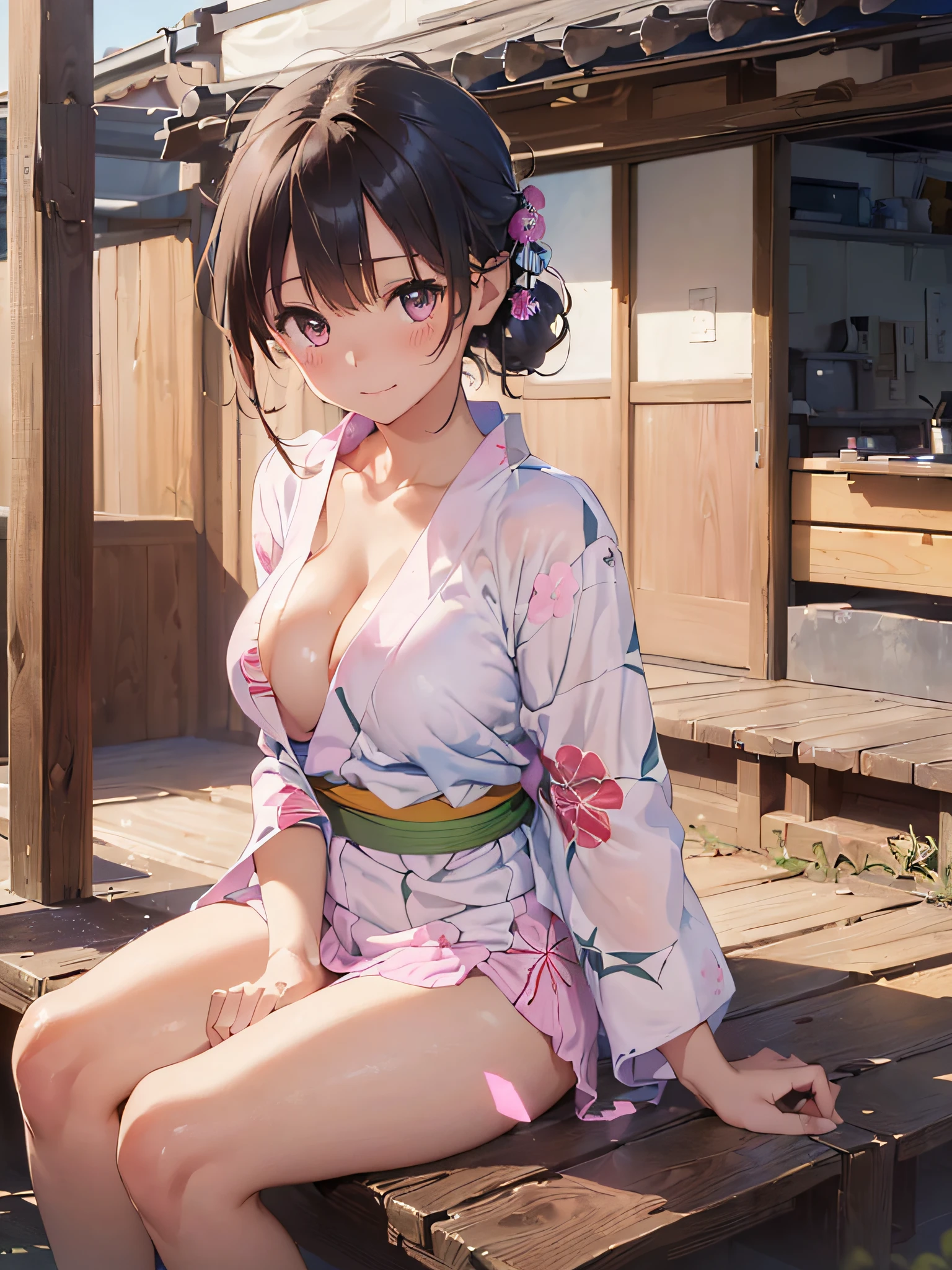 (​masterpiece:2.0), (top-quality:2.0), (sitting naked:1.5), (extremely mini skirt extremely small pink yukata:1.5), (super thin fabric:1.5), (sexypose:1.5), (blushed face:1.3), (barechested:1.3), (realistic:1.5), 1  girl, precise hands, Embarrassed look, light smile, Look at me and smile, extremely cute girl, innocent face, young face, Clear eyes, Shining eyes, small breast, (cleavage of the breast is visible:1.5), (the thighs is visible:1.5), The crotch is visible, No pubic hair, full body, The beautiful skin, ultra-definition, Top resolution, japan high school student, brown hair, at the night festival