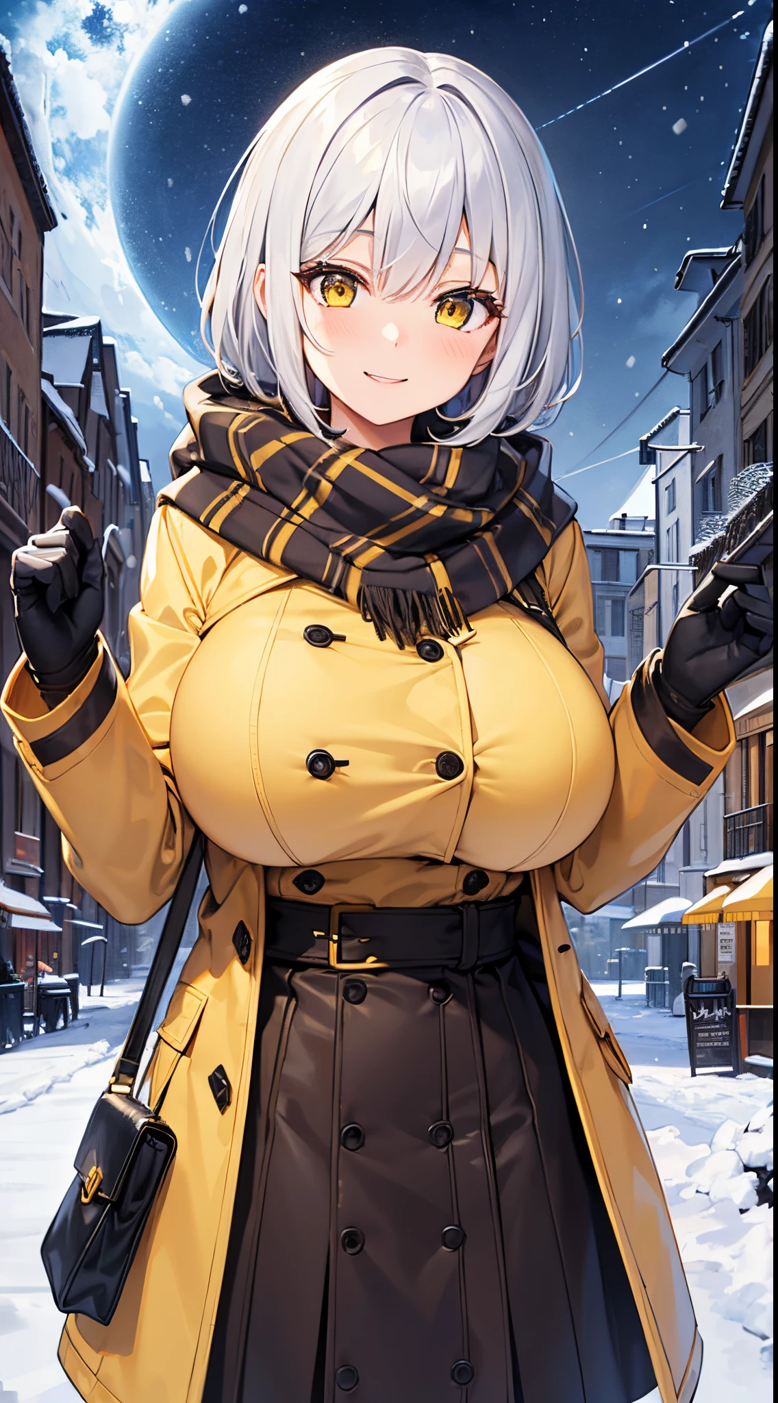 1 girl, game, yellow winter coat, winter scarf, gigantic breasts, silver hair, short hair, french braid, yellow eyes, smile,dynamic,