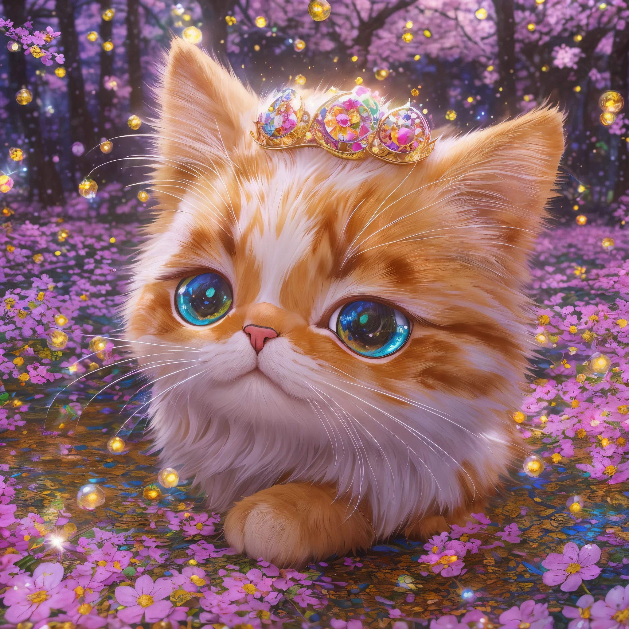 Colorful，Fairytale,Fantastic and magical，Movie character rendering，oil painted，3D，8K分辨率，Sequins，Sparkling，［cherry blossom forest］，rays of moonlight，Cute chibi kawaii,Close-up portrait of Garfield cat，詳細な目，bigger, Round, Reflective eyes，