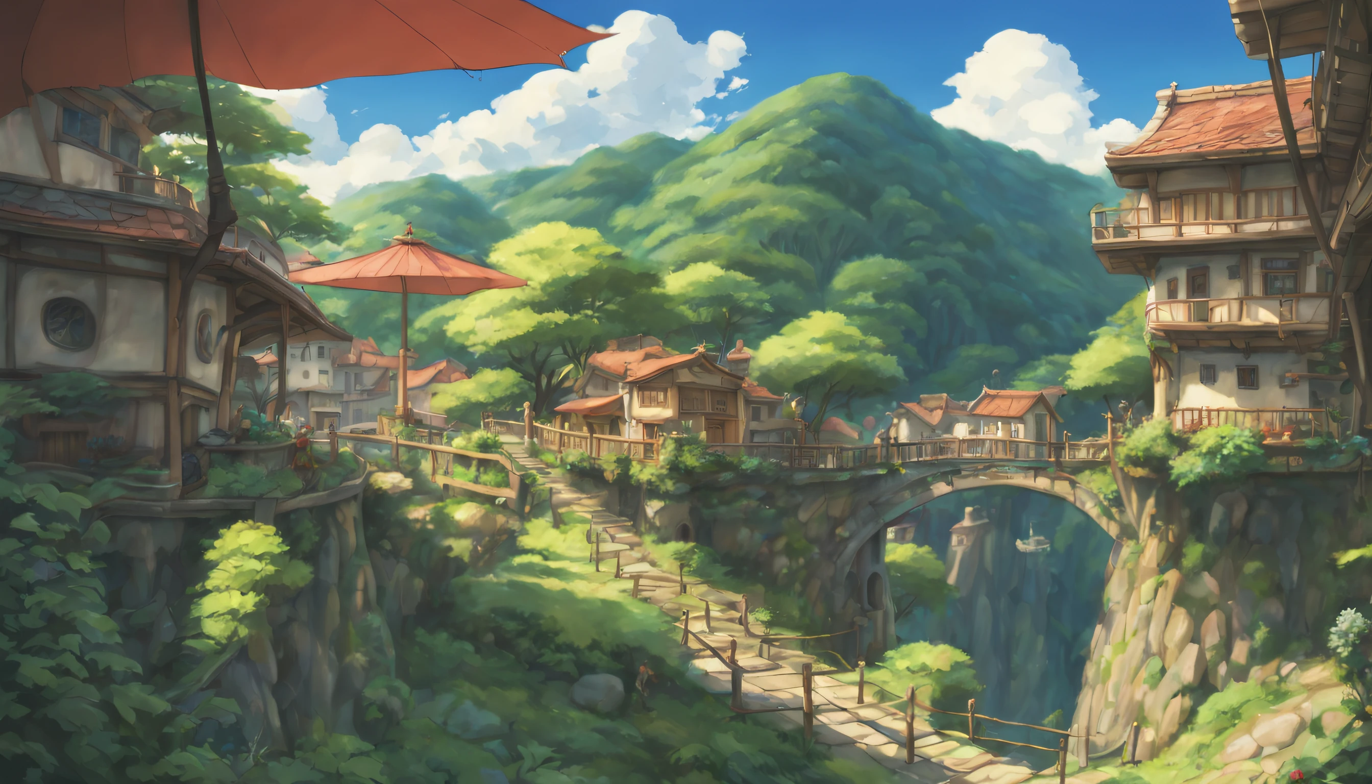 Ghibli style scenery,Ultra-wide angle of view,16:9