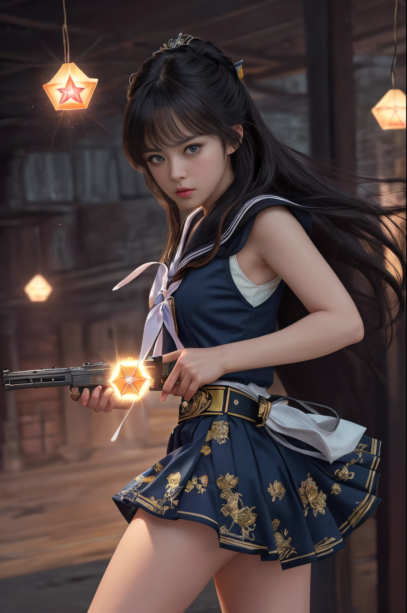 (Raw photo:1.2), (Photorealistic), Beautiful detailed girl, Very detailed eyes and face, Beautiful detailed eyes, Huge file size, High resolution, Very detailed, Best Quality, [masutepiece:1.6], Illustration, Very detailed, Fine detail, Best Quality, 8K Wallpaper, Movie Lighting,Holding a gun in hand、Sailor girl with starburst on background, Bad girl, yami kawaii,  the princess of power, The artist looks Yokoyama, badass pose