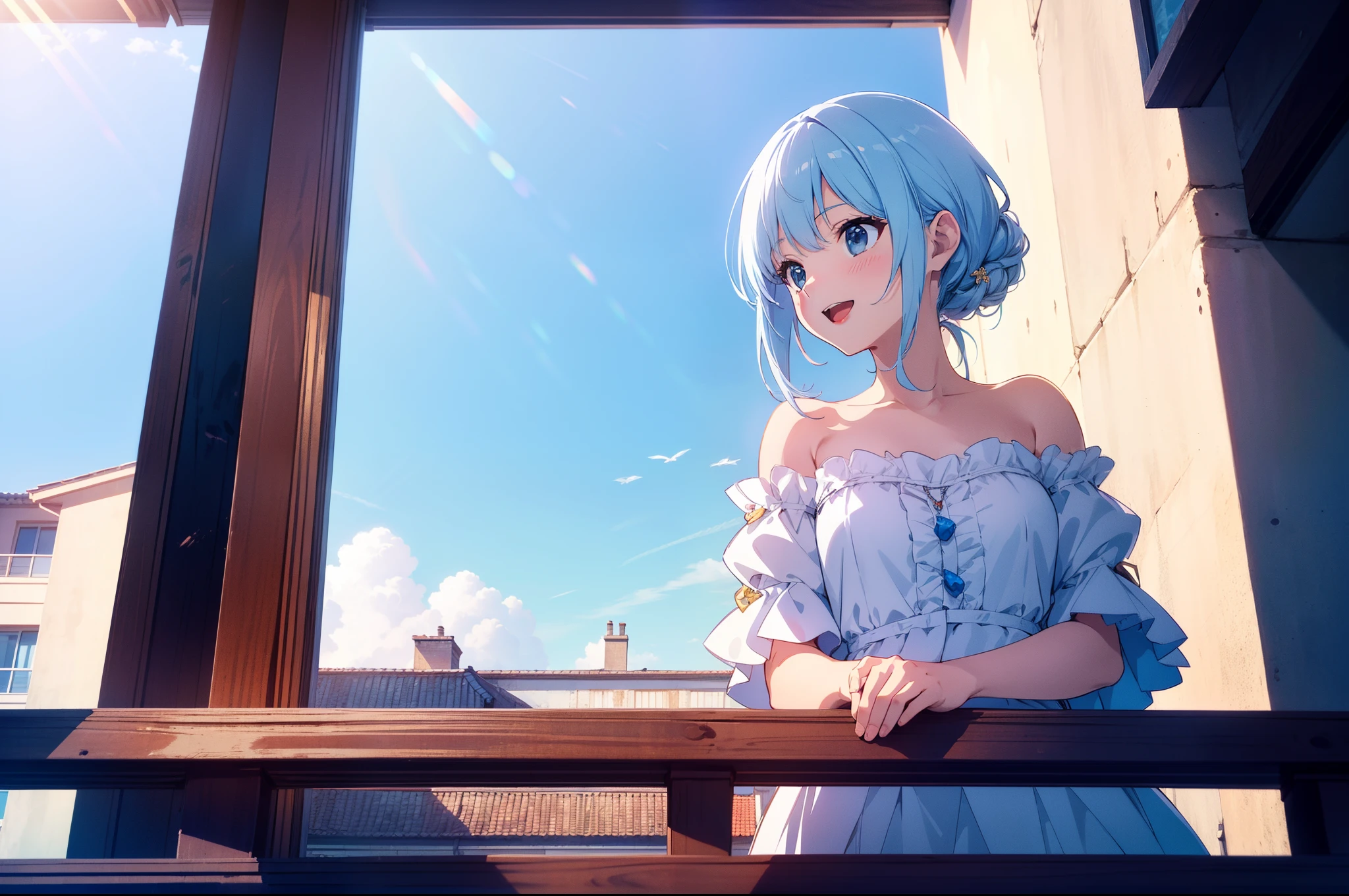 1 cute girl , (lean out from balcony), looking away, character focus, wide shot , smile, open mouth, sea in distance,blue sky, sunlight, cinematic lighting, high resolution,(incredibly absurdres) ,extremely detailed CG unity 8k wallpaper, ((masterpiece)), ((top-quality)), (beautiful illustration), ((an extremely delicate and beautiful))