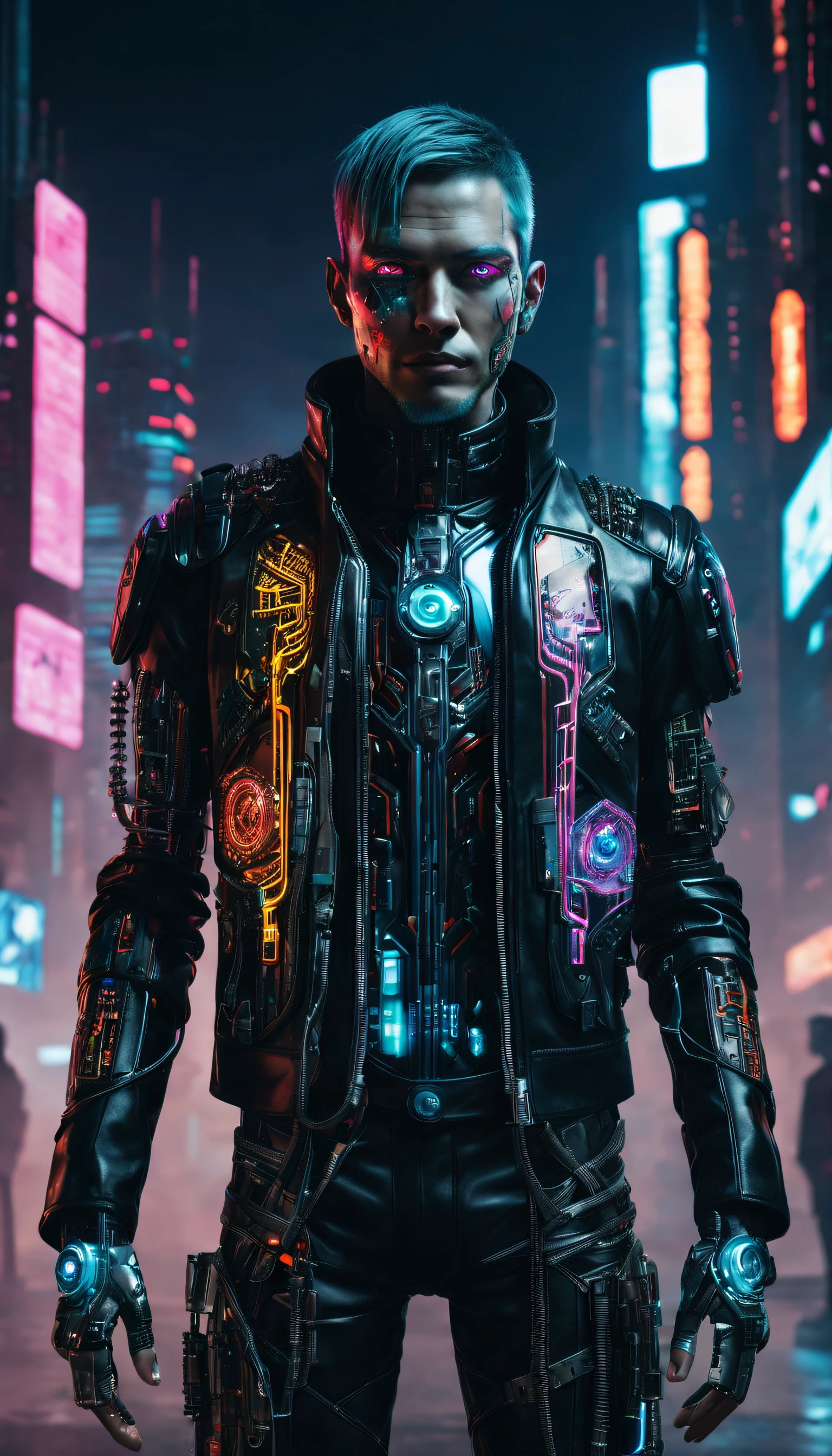 People with cyberpunk-style mechanized body parts stand out. His transparent skin reveals circuits and cables, His eyes glow with colorful LEDs. The limbs are a mixture of flesh and metal, Featuring advanced prosthetic and cybernetic interfaces. wearing the black leather jacket, The character is set in a dystopian urban setting，Surrounded by decaying skyscrapers. The image represents the fusion of humans and machines in a cyberpunk future world