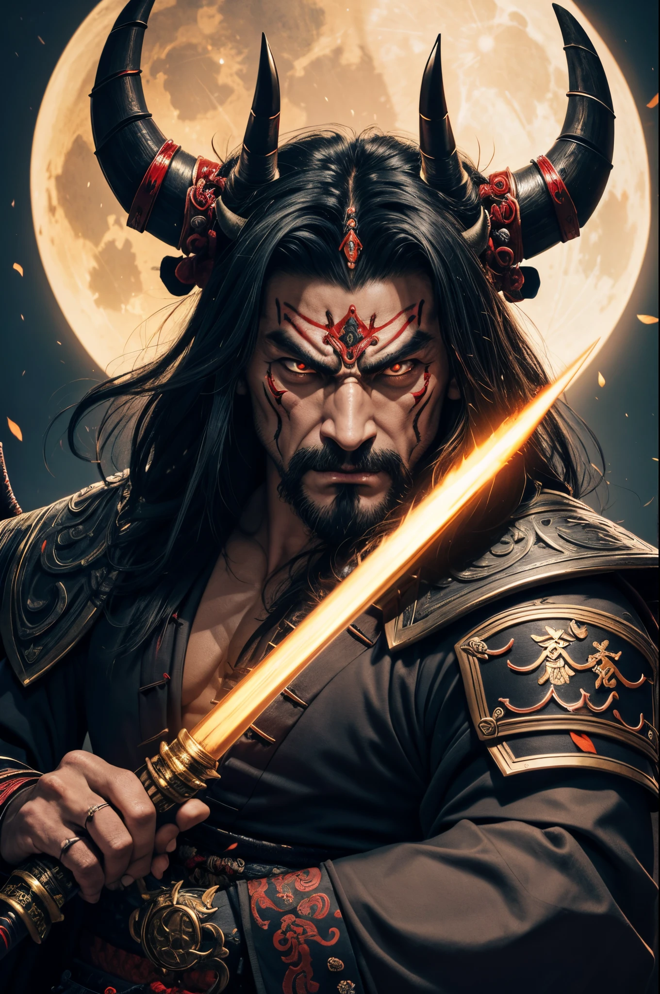 8K,There's a demon man with a big metal club, three horned demon villain, samurai with demon mask, Devil Samurai, demon samurai warrior, Demon Samurai, , muscular macho body,portrait onmyoji, samurai portrait, Samurai portrait photography, feudal japan art, Onmyoji, handsome japanese demon boy, oni horns, moon bull samurai,A look of rage,Rugged look,have a very large metal rod,