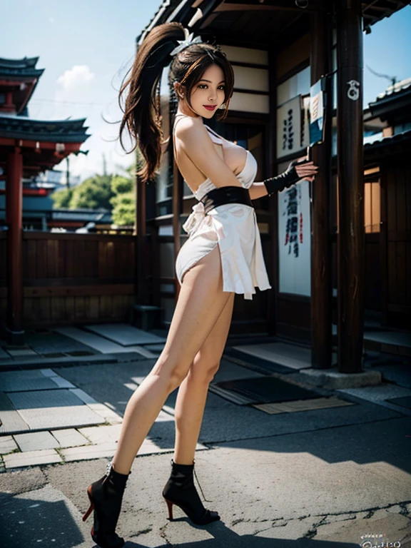 Shiranui mai, Brown eyes, Full body, Long hair, Brown hair, White ribbon, Sleeveless, poneyTail, sash, pelvis curtain, arm guards, mitts, tabi, fascinated expression, Sexy eyes, medium breasts, Smile, Cute, view the viewer, Long hair, Close to Japan temple, (breasts focus:1.2), (Realistic:1.2), (Full Shot: 1.2), (Realism), (masutepiece:1.2), (Best Quality), (ultra-detailliert), (8K, 4K, Convoluted), (85 mm), light Particle, Lighting, (Highly detailed:1.2), (Detailed face:1.2), (gradients), SFV, Colorful, (Detailed eyes:1.2), (Detailed temples of Japan: 1.2),(Detailed background), (Dynamic Angle:1.2), (Dynamic Pose:1.2), (Line of action:1.2), Wide Shot, Daylight, Solo, tabi, Black tabi socks, long black tabi, long tabi.