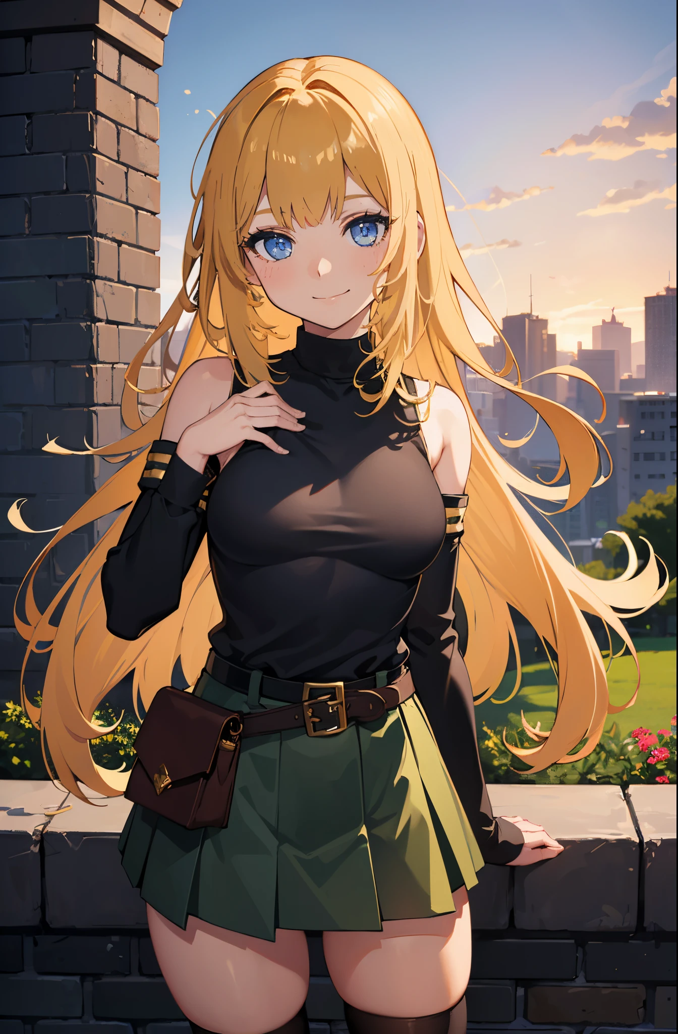 Safe for work, masterpiece, best quality, solo, 1 girl,  cute girl, wholesome girl, (young female body:1.4), ( medium small breasts), cowboy shot, shy smile, flustered,  yellow golden hair, extra long hair, thick wavy hair, hime cut, blunt bangs, crystal blue eyes, light blue detailed eyes, outside, cabin in the woods, standing, griffin style, dark green skirt, black compression shirt, black top, detached sleeves, black knee high socks, long dark green skirt, belt, extra extra long hair, griffin style dark green skirt, black crop top