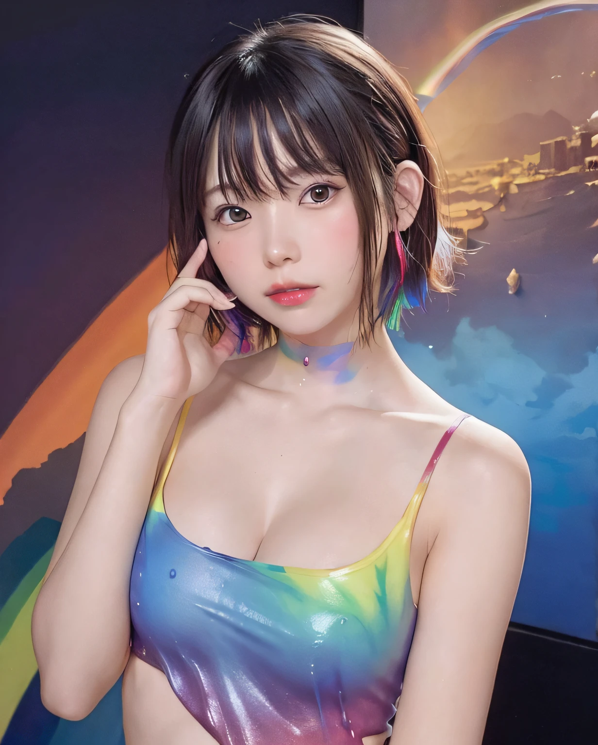 (Level difference:1.8)、(Paint collisions and splashes on the canvas)、(depth of fields)、1 The side of the girl blends into it、(Lateral face)、Keep your mouth shut、(Liquid Paint Rainbow Berry Short:1.5)It is made of paint and、Defying Gravity、Thick flow、(Paint Splatter:1.3)、Liquid state、stunningly beautiful、​masterpiece、细致背景、Ultra high quality model、Air background、Abstract beauty、Explosive volume、 an oil painting、heavy strokes、Romantic lighting、Subsurface scattering、Lens 135mm、F1.8、Glow、8K、hight resolution、dream-like、Ray traching、nffsw、godrays、pose sensual、(No mask:1.3)、(complete fingers:1.3)、((((flat chest)))), rainbow slime choker,rainbow slime hair band