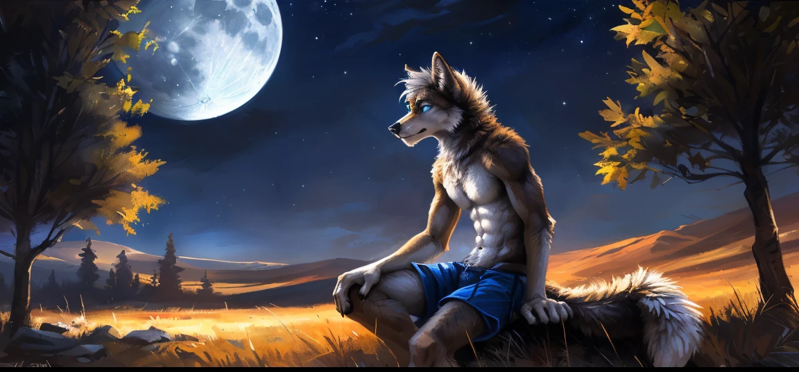 ((Solo)), male people, anthro wolf, (Multi-colored fur, White-brown:1.3, White tail pointed), (Height 2.3 meters,Tail length 1.2m), ((Wolf face, White hair, Big eyes, White eyelids, Blue pupil, Slim:1.2) (Tough, Calm expression:1.2)), Abs, Slim, pinging)), (Correct body anatomy), (Work shorts:1.1), The upper body is naked, (detailed outfits),A long big tail，Feet，Long legs，(Realistic fur, Detailed fur texture, labeled:1.3)), (Natural lighting), Photorealistic, Hyperrealistic, ultradetailed, by Kenket，the night，Sit alone，Endless grasslands，Look at the full moon，It was dark，Starry