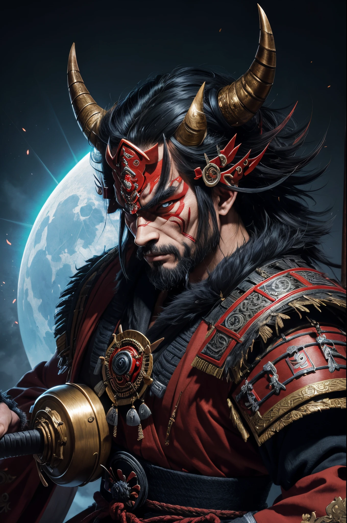 8K,There's a demon man with a big metal club, three horned demon villain, samurai with demon mask, Devil Samurai, demon samurai warrior, Demon Samurai, , muscular macho body,portrait onmyoji, samurai portrait, Samurai portrait photography, feudal japan art, Onmyoji, handsome japanese demon boy, oni horns, moon bull samurai,A look of rage,Rugged look,have a very large metal rod,