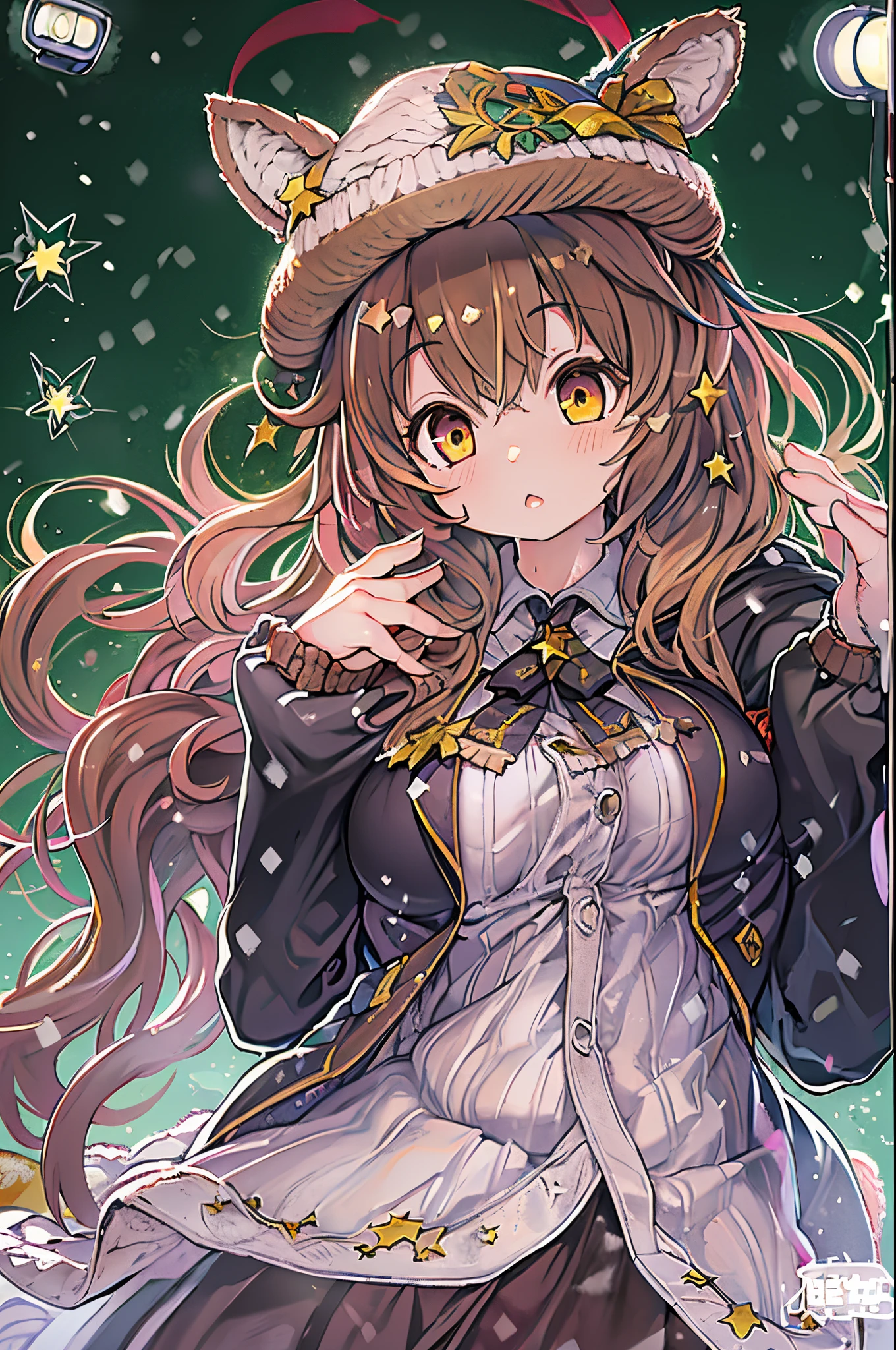 Starry eyes, It looks even more beautiful than immortal, Ahoge, hair, star-shaped pupils, Amber eyes, colored contact lenses, blush, high detailing, Anime, romanticism, Modern, Gothic art, Anime style, Film Lighting, Ray tracing, Motionry, close-up, Sony FE GM, nffsw, high detailing, of the highest quality, 8K, Big breasts, light brown hair, hat, Twin-tailed, Clean fingers, Well-formed fingers, Long jacket, bow ribbon, mystery, knit hat, Snow, irate, impatience