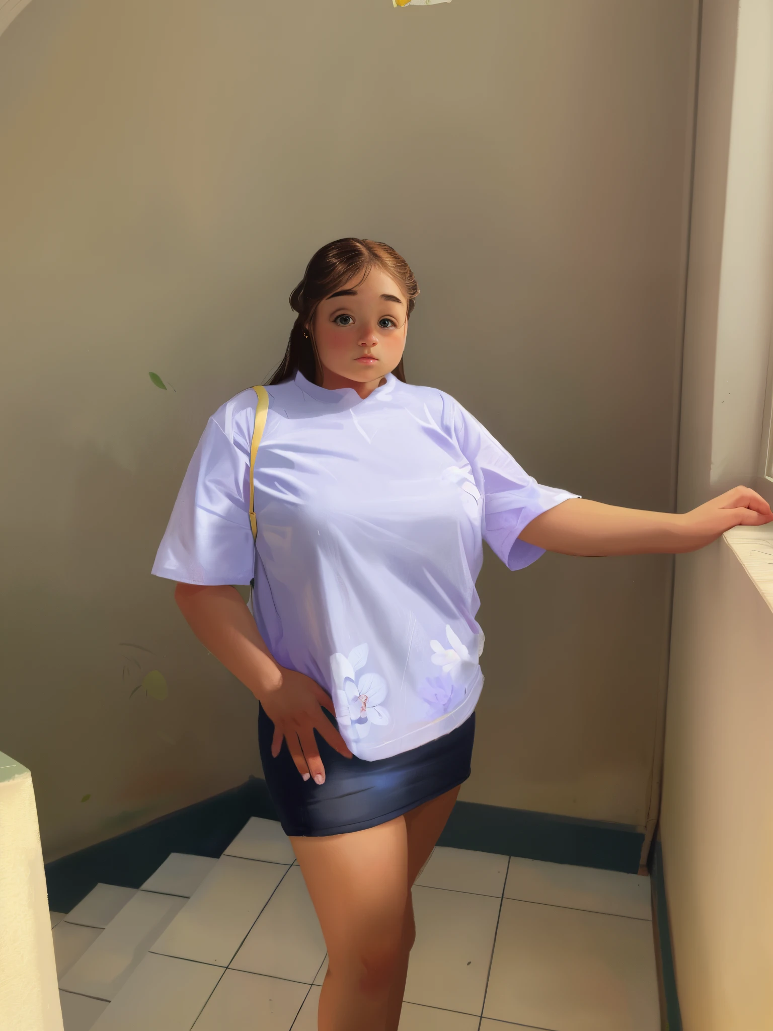 A girl, , cute smile girl, ((baggy T-shirt, oversized, T-shirt)), ((huge breasts)), black A-line pixie cut, in wooden floor school gym, half open mouth, (standing), ((barefoot)), view from front, barefoot