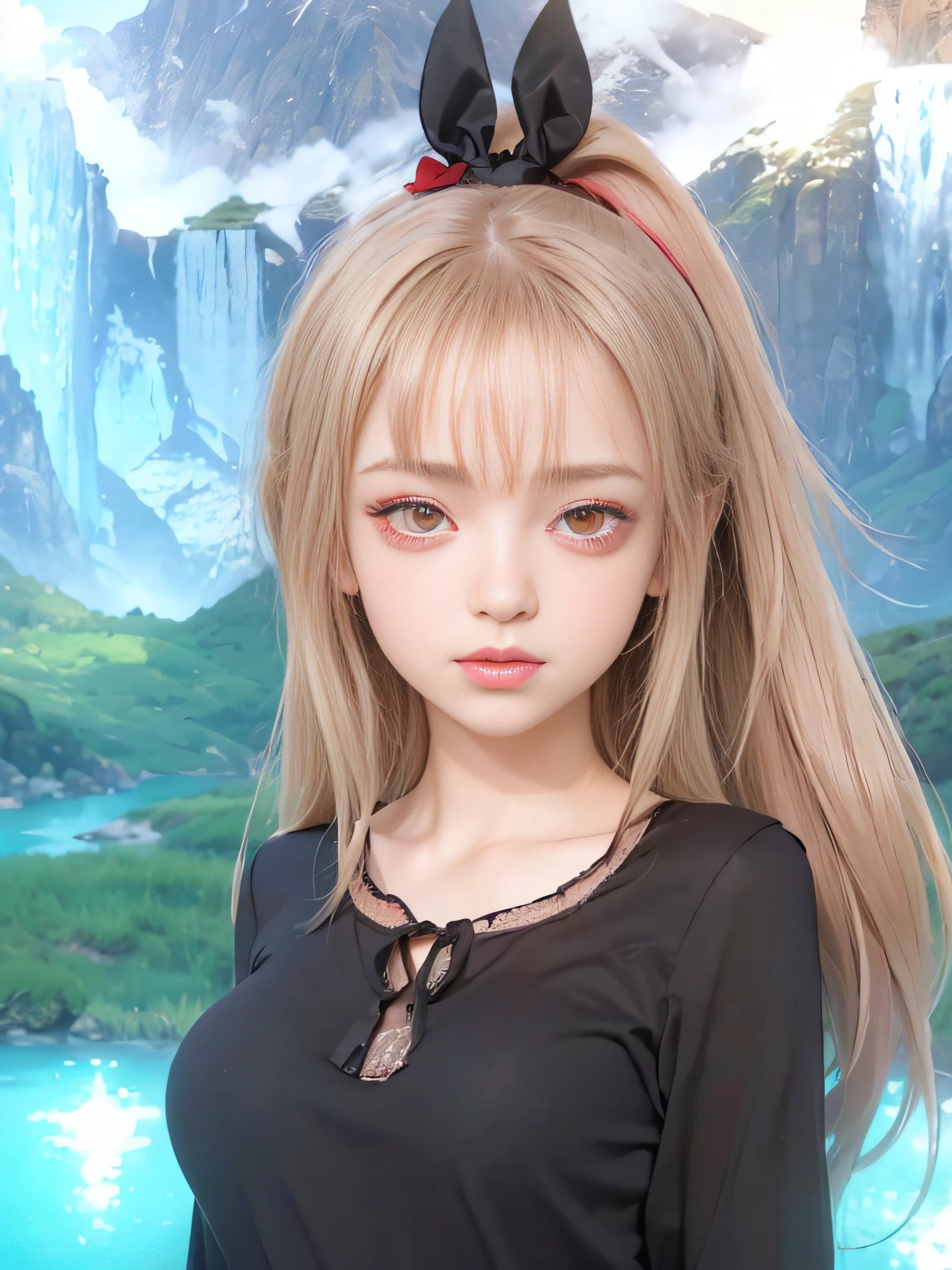 masterpiece, best quality, (realistic, photo-realistic:1.4), (RAW photo:1.2), extremely detailed CG unity 8k wallpaper, delicate and beautiful, amazing, finely detail, official art, absurdres, incredibly absurdres, huge filesize, ultra-detailed, extremely detailed, extremely detailed girl, extremely detailed eyes and face, light on face,(teen girl:1.8),little smile,cream,(red eyes:1.7),ponytail,black ribbon,mountain background