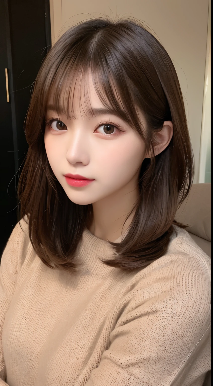 finely detail, hight resolution, hightquality、Perfect dynamic composition, Beautiful detailed eyes, Medium Hair, small tits 、Natural Color Lip, Squat down on the sofa with your legs crossed,Kamimei、lounging、college aged、1 persons、Transparent skin、Glowing hair、masutepiece, Best Quality, Illustration, Ultra-detailed, finely detail, hight resolution, 8K,Sweaters(Light brown)And long skirts(A black),Cheek cane with both hands,Anatomically correct condition,Cute,KPOP Idol Face,perfect and beautiful face