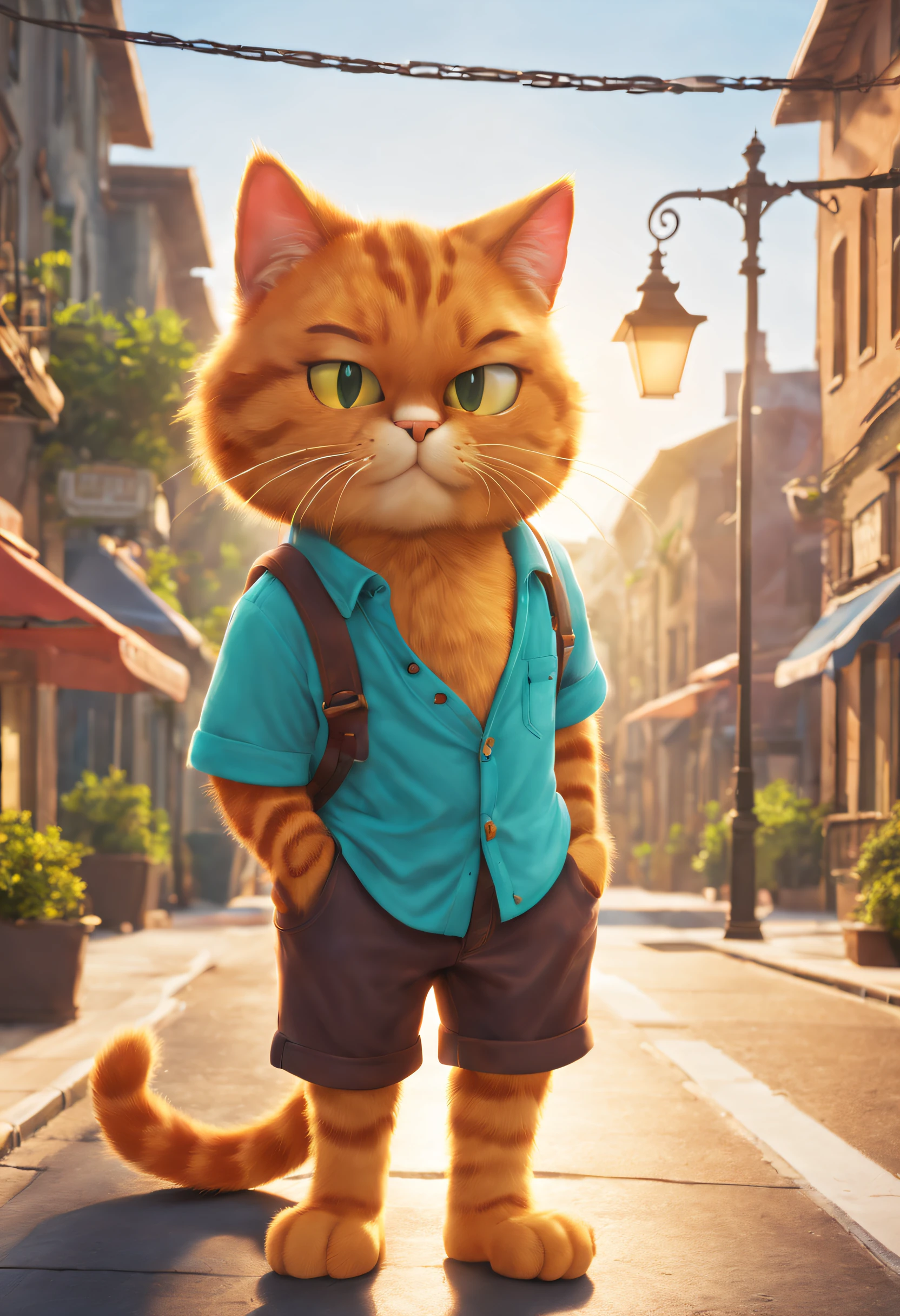 Garfield，cat wearing shirt and shorts，wearing casual cloths，Sunny city streets，relaxed posture，Walk with confidence，Naughty expression，Vivid colors，Street lamps that illuminate the site，Subtle warm tones,（best qualtiy，4k，Tall structures，tmasterpiece：1.2），hyper-detailing，realisticlying，Foto realism：1.37，