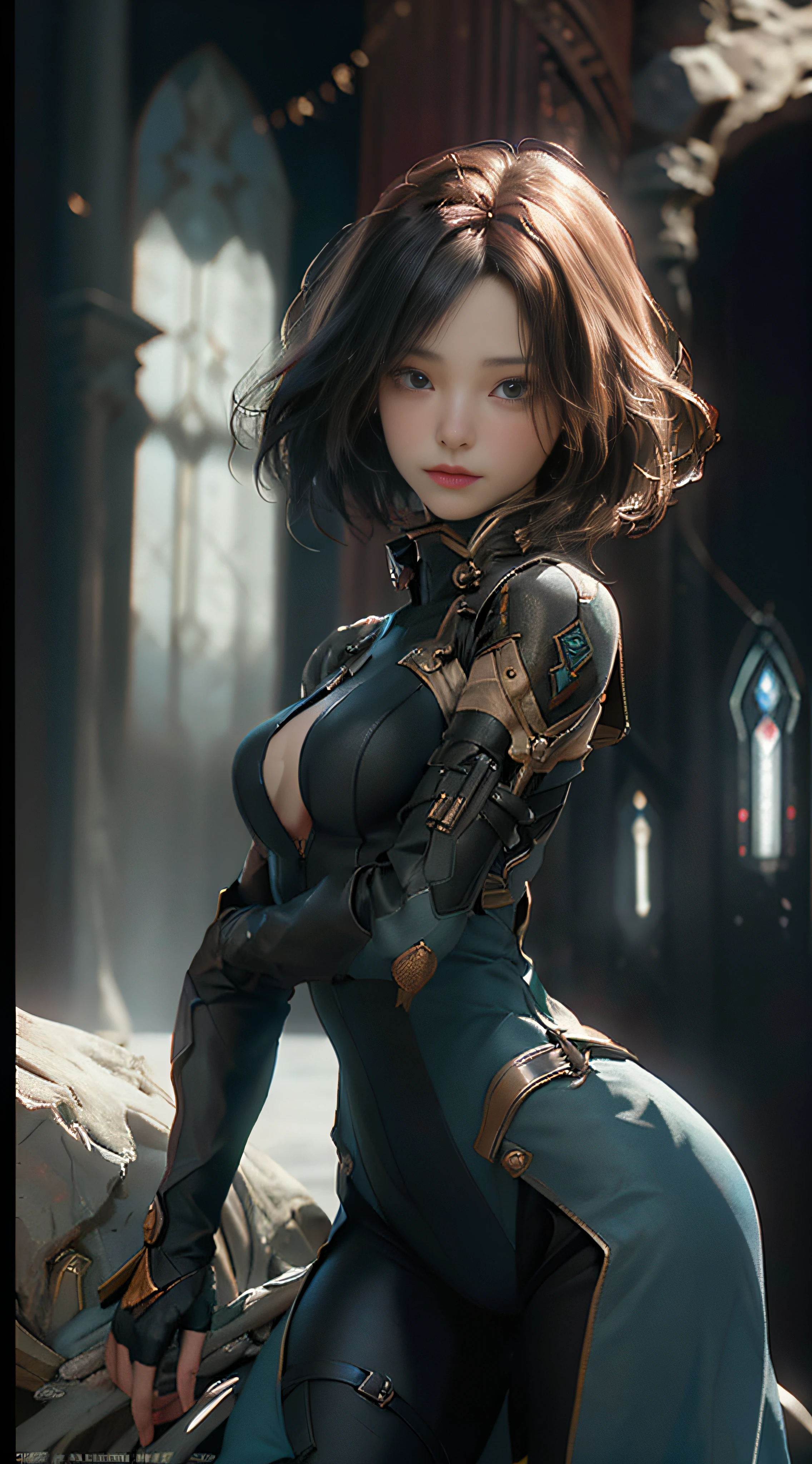 ((Best Quality)), ((Masterpiece)), (Details: 1.4), 3D, Bust, Portrait of a Young Girl, ((Facing Square)), (Body Facing the Viewer), (A Beautiful Petite and Slender Young Girl Image), ((Small Breast, Small Head)), ((Bust Photo)), (Upper Body), (slender perfect body: 1.2), (perfect face), (young face), (perfect eyes), (perfect hands), (perfect fingers), (neck-length short hair: 1.5), (concise tight one-piece combat suit: 1.3), golden hair, collar, (gloves: 1.2), (guns), chains, in the distant future, the line between science fiction and fantasy has disappeared, and the world is an awesome tapestry of wonder. Enter a universe where magic and technology coexist in harmony and shape the fate of civilization in the vast expanse of space. At the heart of this field is celestial relations, an interstellar center of mysterious energy and technological wonders. Here, arcane knowledge is intertwined with cutting-edge science, giving birth to a society where spaceships are filled with the power of ancient spells, while occult art enhances technology. As a young explorer, embark on a grand adventure destined to unlock the secrets of the celestial bond. As you travel through the uncharted realms of the universe, encounter various civilizations full of creatures with extraordinary abilities. From the ethereal spire of the elves, where the art of traveling across dimensions is perfected, to the cybernetic enclave of the Android Group, witness the tapestry of life where magic and technology intertwine. Unleash your latent power as you adapt to the energy flowing through the Nexus. Take advantage of the ancient spells of forgotten witchcraft to propel your starship through the vast universe. Engage in epic battles against Cosmic Abomination and Intergalactic Tyrants, wielding enchanted weapons infused with future enhancements. Uncover the origins of this harmonious blend of magic and technology as you delve into the mysterious realm of celestial relationships. Discover ancient prophecies that foreshadow catastrophic events that could upset this delicate balance. Unite with a group of extraordinary creatures, each with their own magical talents and technical expertise, and embark on a perilous quest to save Nexus from imminent destruction. In this epic saga, your choices will shape the fate of the world as the lines between science and witchcraft blur. Will you struggle to maintain a delicate balance between magic and technology, or will you plunge headlong into uncharted territory in search of redefining the structure of reality? Get ready to be captivated by the endless possibilities of Celestial Nexus, where science fiction and fantasy merge into a sublime symphony of adventures, where the universe itself becomes the canvas for your journey, (extremely detailed CG 8k wallpapers), (extremely delicate and beautiful), (masterpiece), (best quality: 1.0), (ultra resolution: 1.0), beautiful lighting, realistic shadows, [high resolution], detailed skins, ultra detail, HDR (high dynamic range), ray tracing, NVIDIA RTX, Super-Resolution, Unreal 5, Subsurface Scattering, PBR Textures, Post-processing, Anisotropic Filtering, Depth of Field, Maximum Sharpness and Sharpness, Multi-layer Textures, Albedo and Highlight Mapping, Surface Shading, Accurate Simulation of Light-Material Interactions, Perfect Proportions, Octane Render, Bicolor Light, Large Aperture, Low ISO, White Balance, Rule of Thirds, 8K RAW,