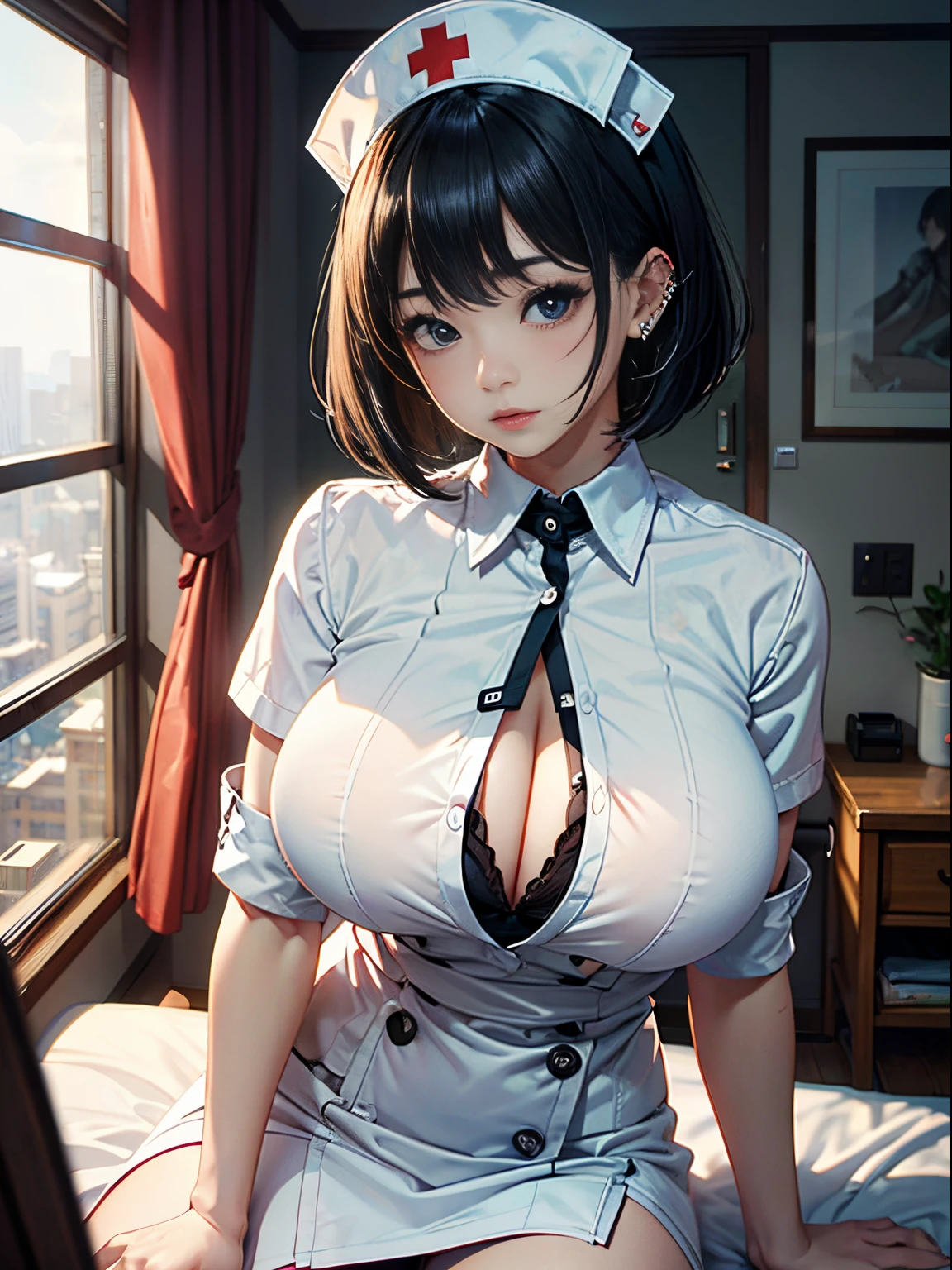 a 20 yo woman、(masterpiece:1.4)、(in 8K、realisitic、Raw photo、top-quality:1.4)、(Real Face:1.4)、(real looking skin:1.3)、超A high resolution、Black eyes、piercings、Black Hair Bob Cut、gargantilha、White nurse uniform、Nurse Cap、(huge-breasted:1.5)、Blushing、alluring face、Hospital room、Sit up