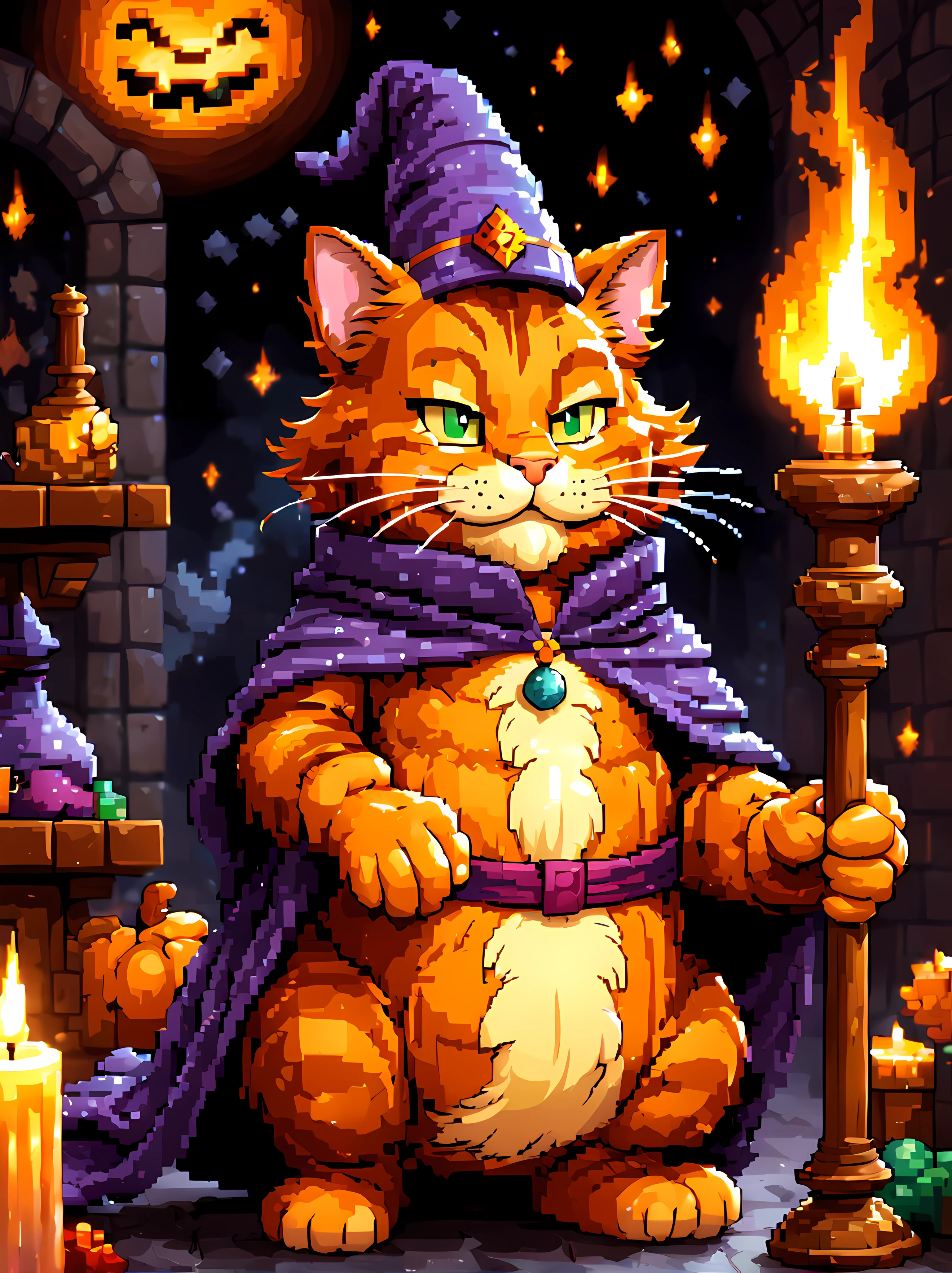 (pixel art:1.3), (solo:1.3), the iconic tabby ((Garfield)) a mighty wizard, stands in a robe adorned with magical symbols and a pointy hat, his eyes glow with an enchanting intensity as he holds a wand crackling with arcane energy, surrounded by swirling mists and flickering candlelight, Garfield conjures spells with effortless finesse effortlessly manipulating the elements around him, with a mischievous smirk, he casts spells to summon delicious lasagnas and create cozy napping spots
