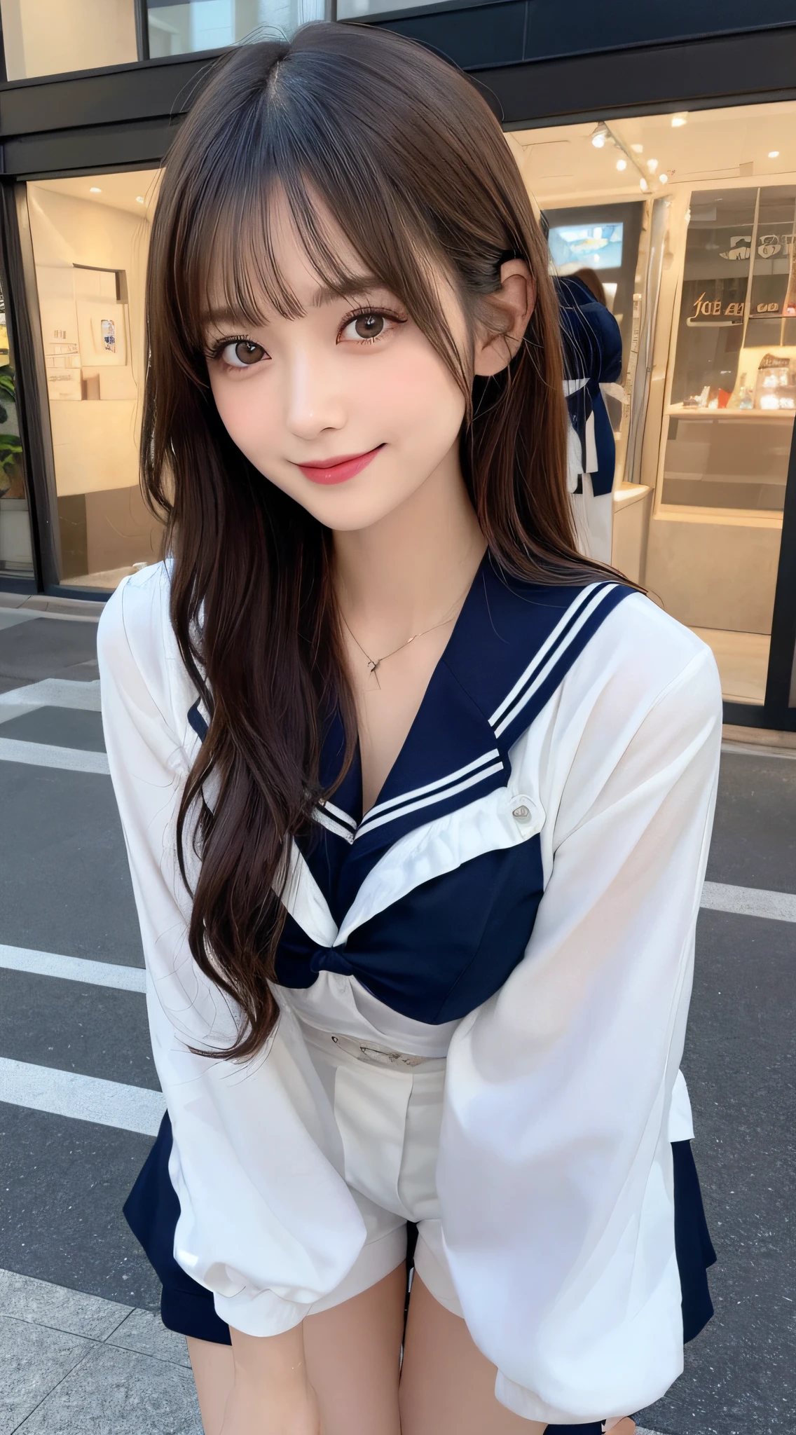 Tepiece, Best Quality, Illustration, Ultra-detailed, finely detail, hight resolution, 8K Wallpaper, Perfect dynamic composition, Beautiful detailed eyes, Women's Fashion Summer,Medium Hair,Beautiful breasts、Natural Color Lip, Bold sexy poses,Smile,Harajuku、20 years girl、Cute、Sexy shot looking at camera、beautiful legs、a sailor suit