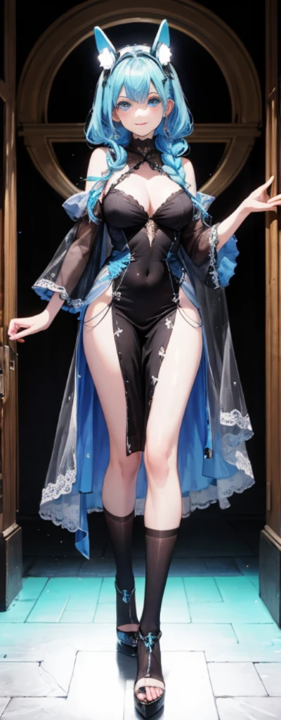 (Full body photo:1.4),Fluorescent background,(1 Witch,Flash fluorescence,Hats,see through tulle tang suit,Delicate headgear,ssmile),(paper art,Quilted paper art,geometry),(Lots of colors,Best quality,high detal,tmasterpiece,movie light effect,4K,lightand shade contrast),Blue sheer tulle dress,pigtails,Red knee-length socks,luminous totem,eBlue eyes,blue hair and big breasts,long braid,