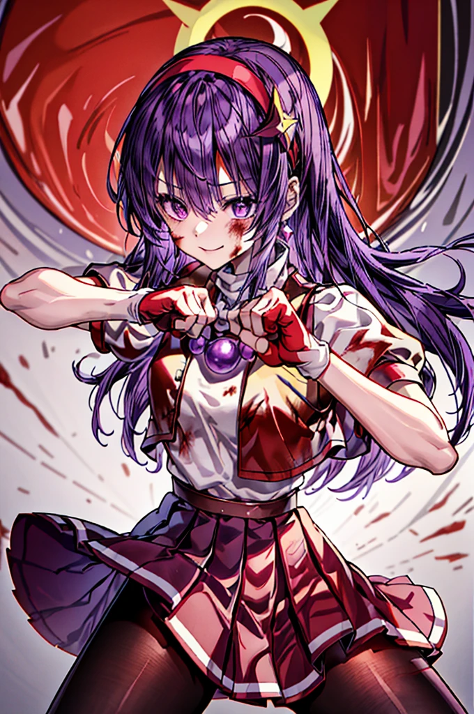 (masterpiece)、(top-quality)、(ultra-detailliert)、intricate detailes、athena97、(1girl in)、独奏、Purple eyes、Purple hair、length hair、White earrings、red hairband、Star hair ornament、Medium Breath、Red vest、White turtleneck、White Puff Sleeves、shortsleeves、Red pleated skirt、(Crimson pantyhose:1.2)、Black pantyhose、Yellow belt、purple sphere shape necklace、Red fingerless gloves、White short socks、Red shoes、evil smile、NSFW、Cowboy Shots、blurry backround、anime styled、(Blood on the face:1.4)、(Fighting stance:1.6)