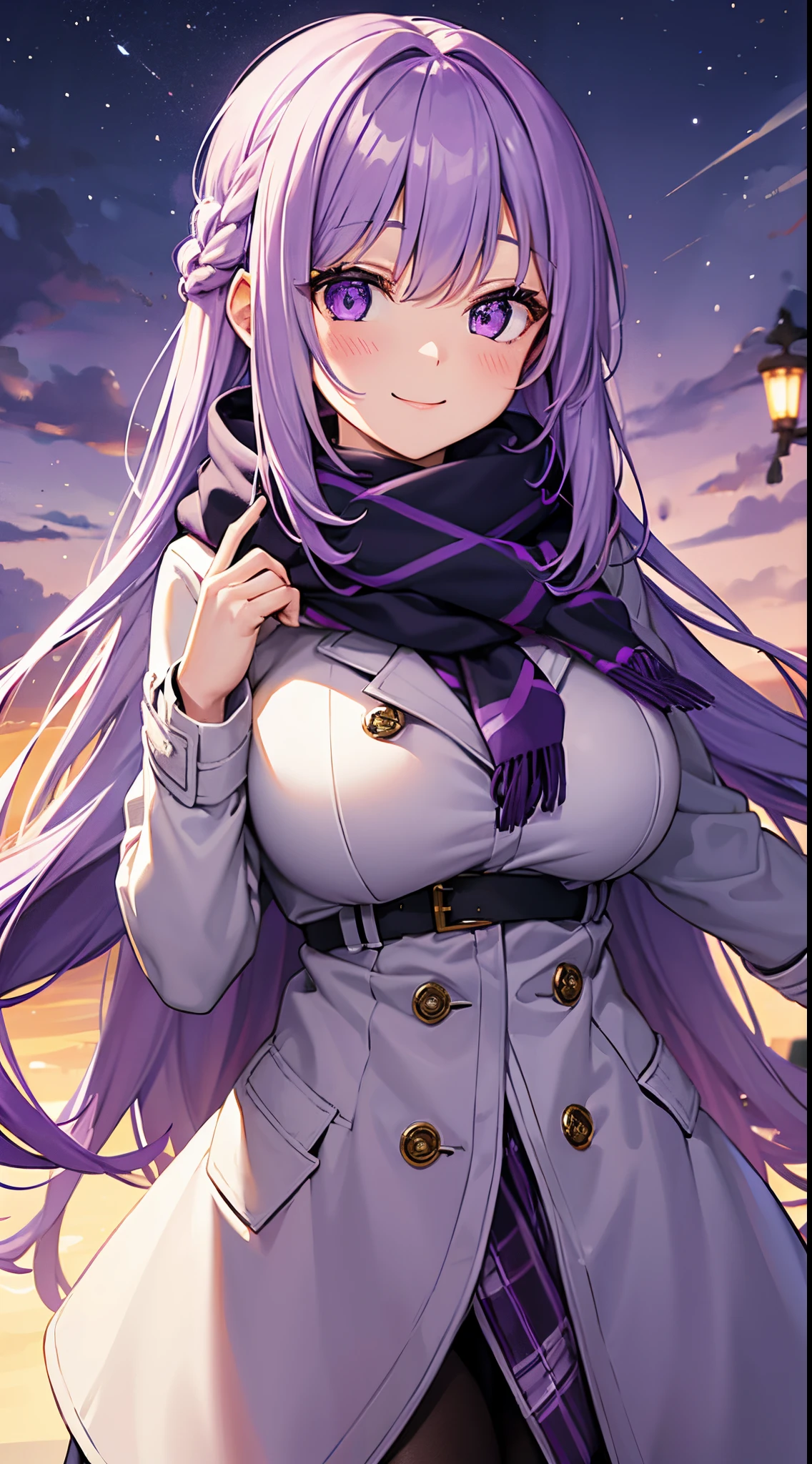 1 girl, game, purple winter coat, winter scarf, gigantic breasts, light purple hair, long hair, french braid, purple eyes, smile, dynamic,