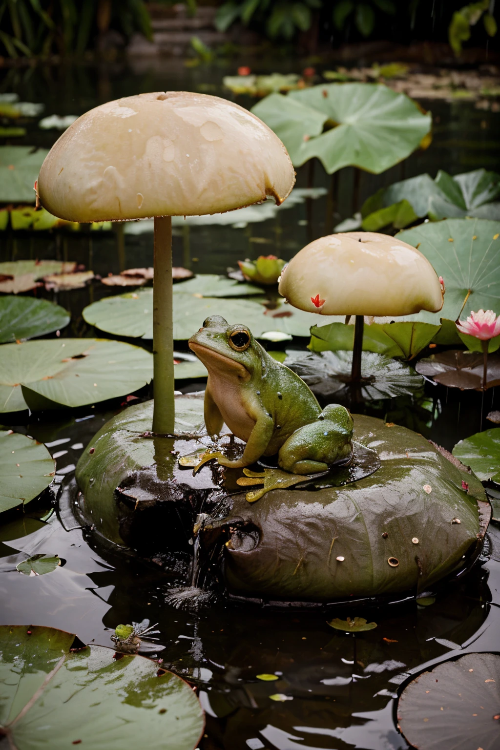 during heavy rain, green frog in a pond sitting on an only single lotus leaf using white mushroom as umbrela.