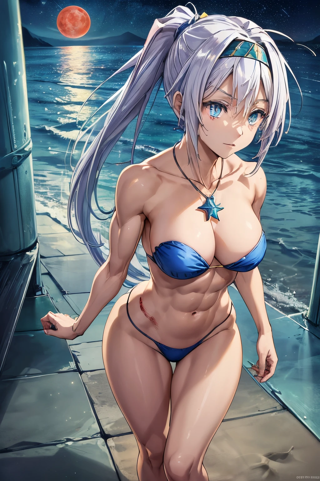 (1 girl), (((Velzard de tensei shitara slime datta ken))), She has fair skin, eyes the color of blue diamonds and long, shiny hair, Pearl White, reaching down to her waist, (((She wears a blue pendant in the shape of a star and a golden headband))), (wears a very short black bikini), large breasts, thin arms, (muscular belly), (((muscular legs))),(standing), thin waist, bare feet and very detailed, beautiful feet and well-shaped toes, (((beach night scene with starry sky and blood moon in the sky))), (hair tied in double ponytails), empty eyes, eyes empty, empty eyes, eye reflection, glowing eyes, bad mood, anime, anime style, ray tracing, cinematic lighting, panorama, Sony FE, UHD, masterpiece, anatomically correct, super detail, high quality, best quality, high resolution, 16k