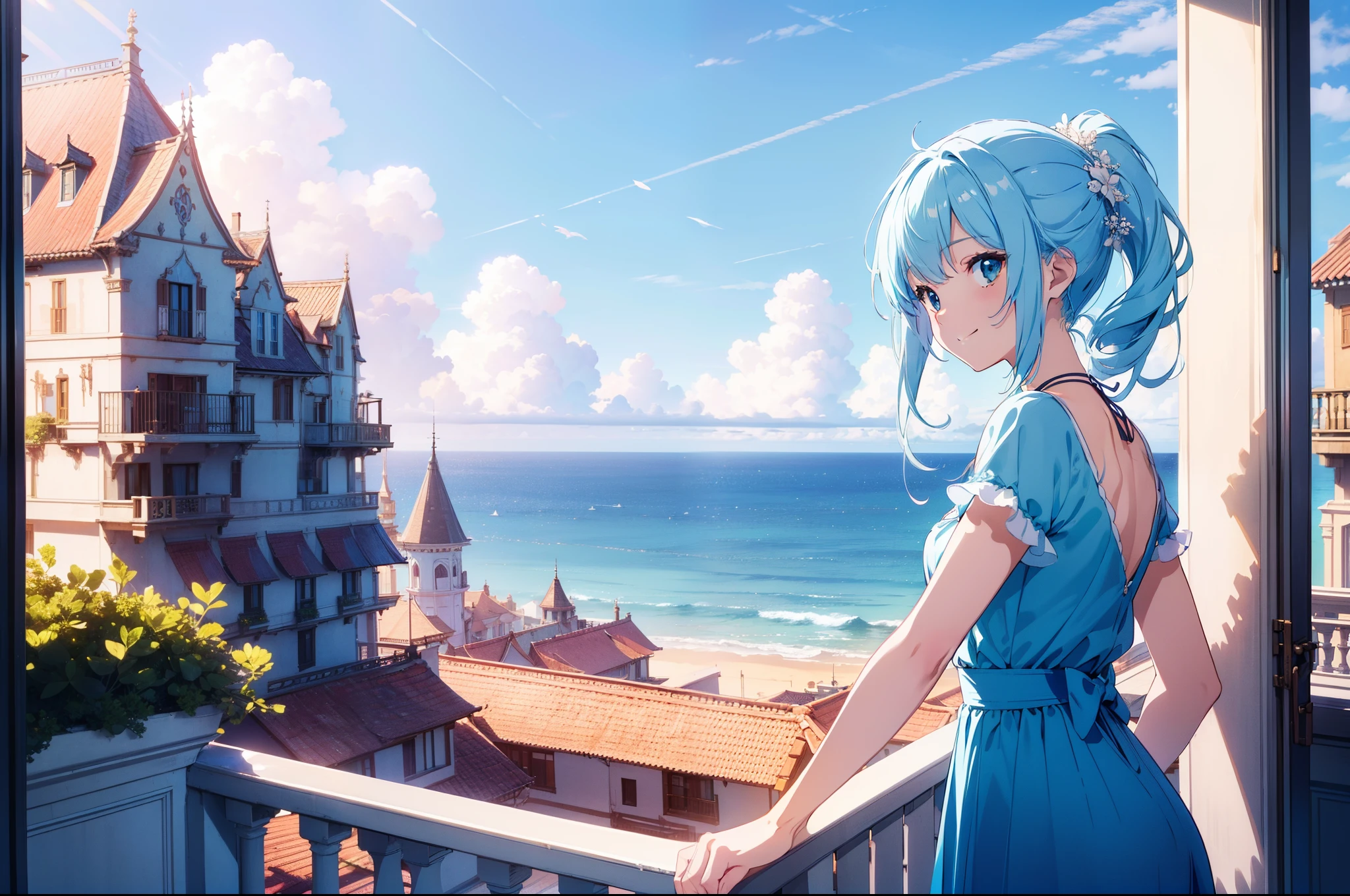 1 cute girl ,(leaning over from balcony), at a high place , looking away, character focus, from side, wide shot , smile, (Ocean in distance) ,blue sky, sunlight, cinematic lighting, high resolution,(incredibly absurdres) ,extremely detailed CG unity 8k wallpaper, ((masterpiece)), ((top-quality)), (beautiful illustration), ((an extremely delicate and beautiful))