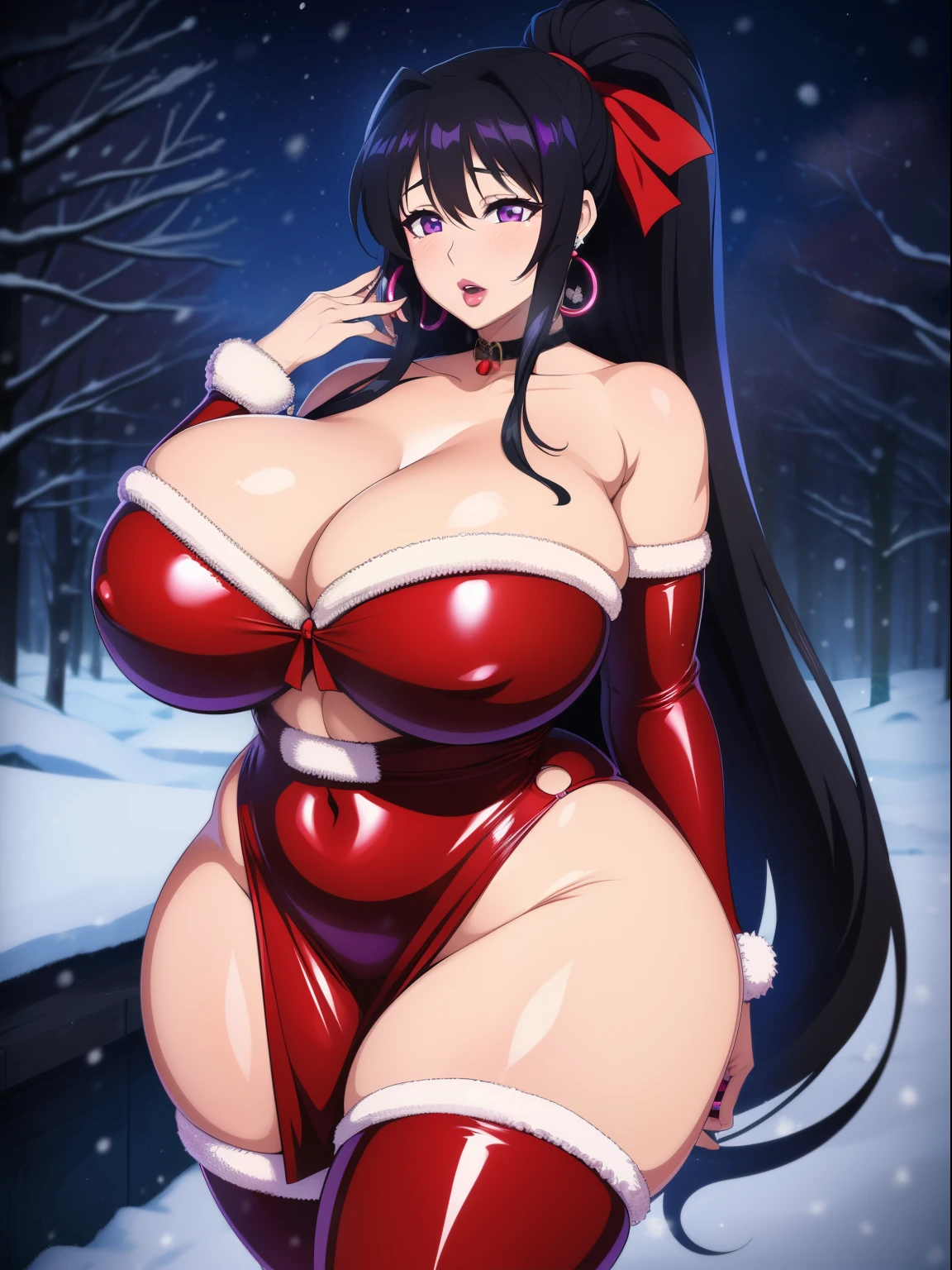 Akeno Himejima, 1girl, (((bimbo))), long black hair, purple eyes, ear rings, (((bimbo))), puffy lips, painted lips, thick lips, wide hips, thick thighs, huge round ass, enormous natural breasts, shiny oily breasts, saggy breasts, christmas, Christmas outfit, woods, snowing