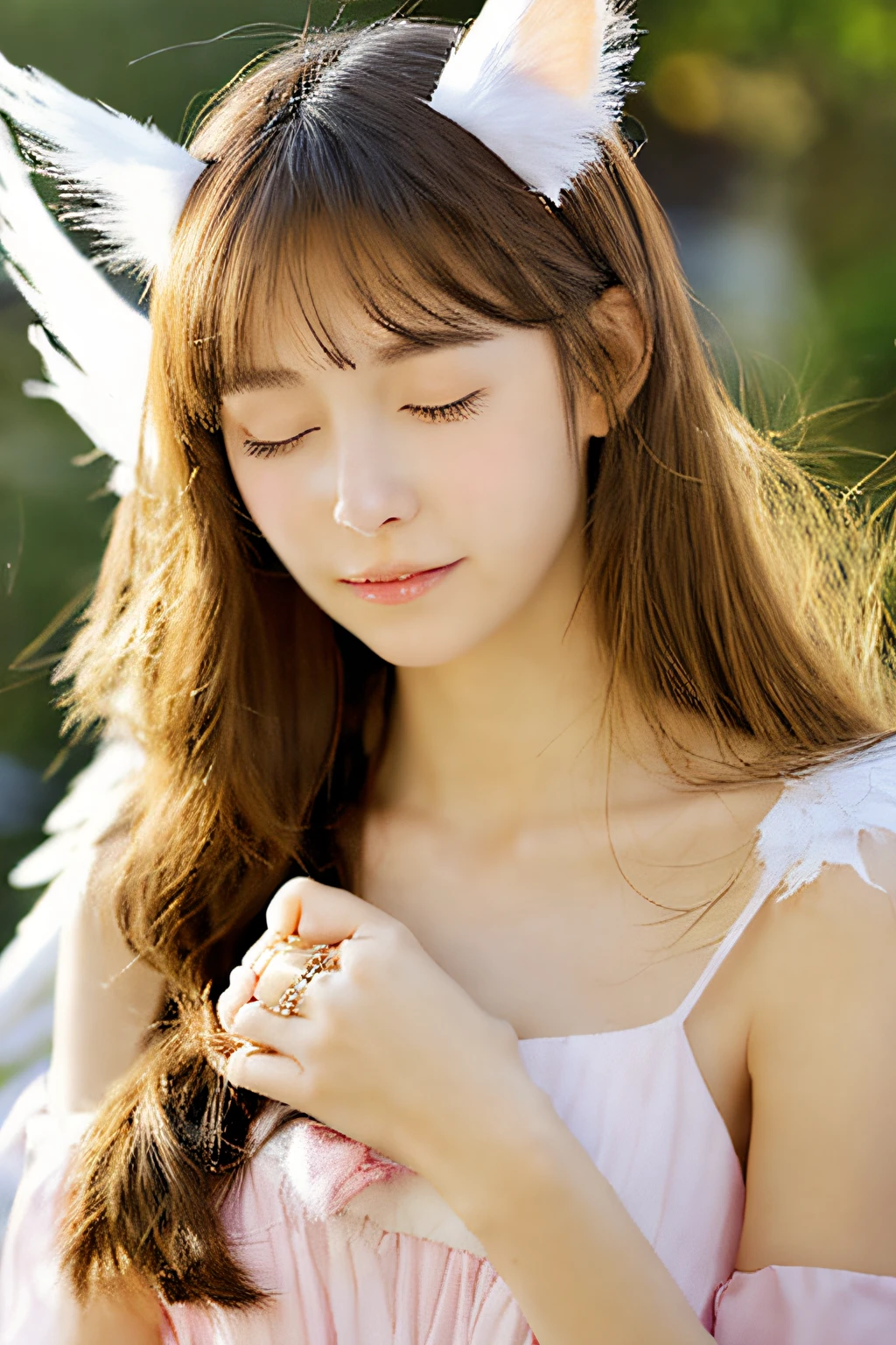 angelicales、girl with、cat ear、beckoning cat、Closing eyes、His face is facing straight towards me.、body facing straight ahead、has an angel ring